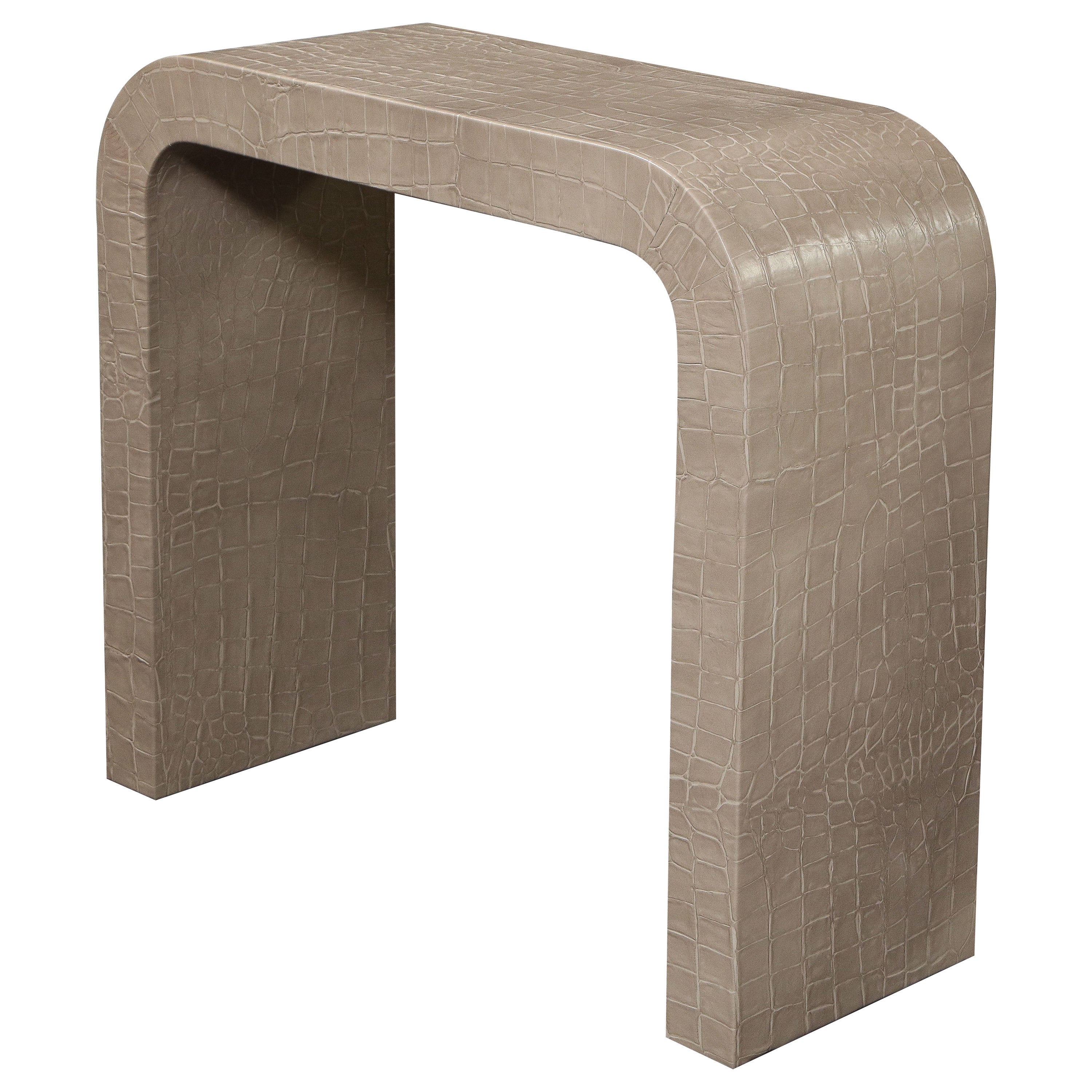 Custom Waterfall Console in Crocodile Stamped Smoke Leather