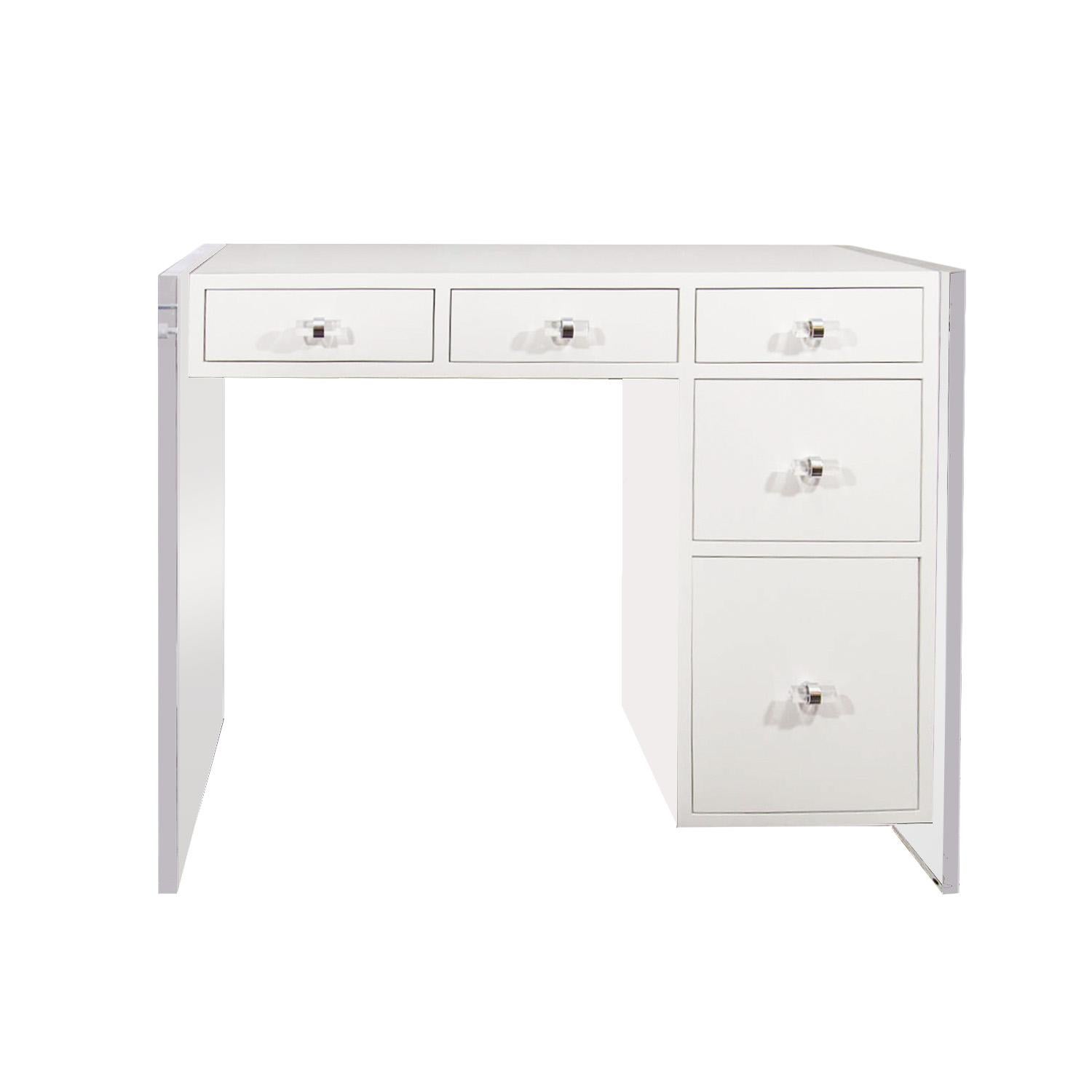 Made to order, custom white lacquer desk with Lucite side panel supports an pulls in Lucite and chrome. Drawer interiors are finished in spray lacquer. Custom dimensions and finishes are available. Please inquire with Venfield for custom orders. 

