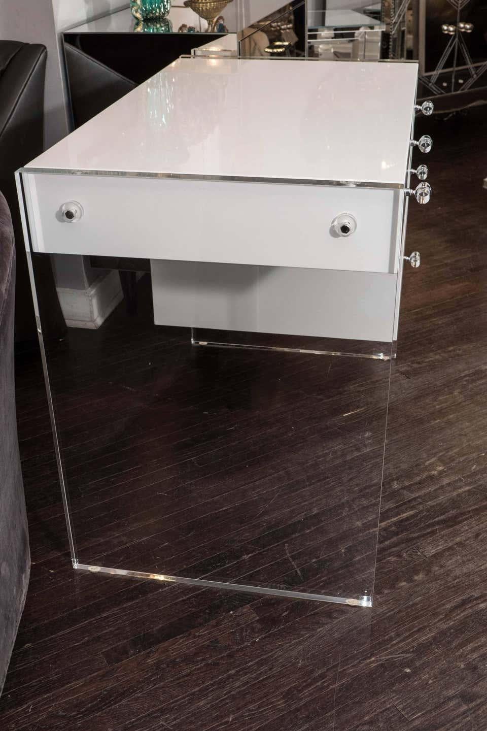 Modern Custom White Lacquer Desk with Lucite Side Panels