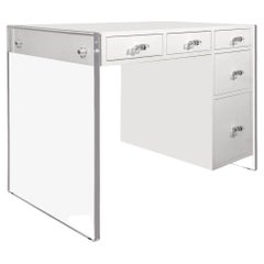 Custom White Lacquer Desk with Lucite Side Panels