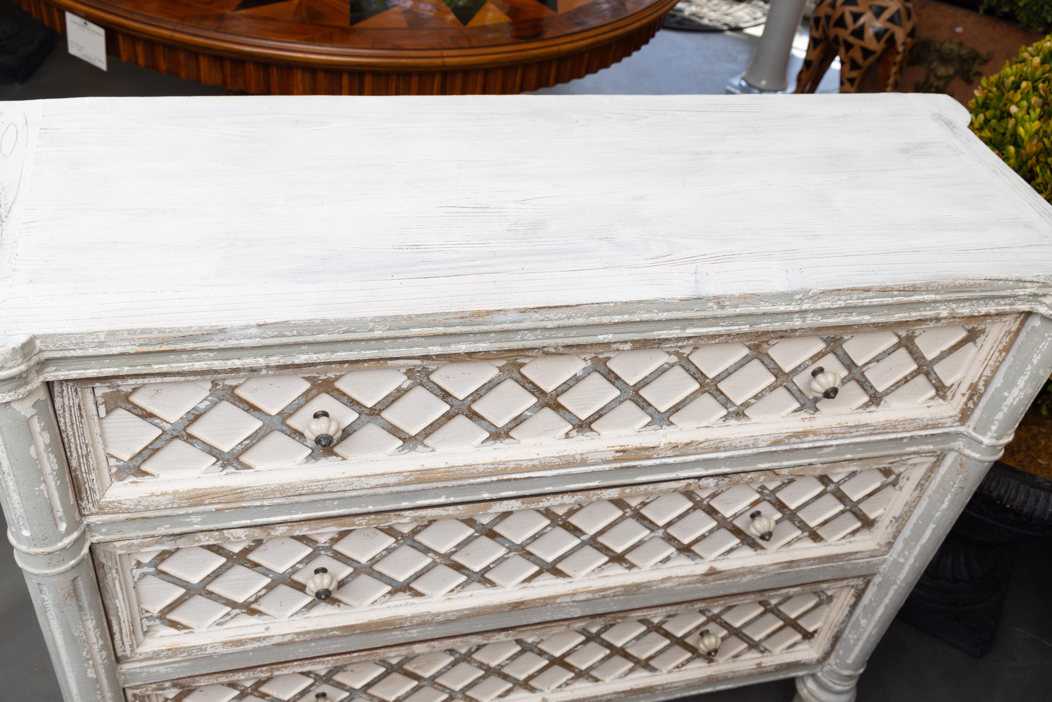 Other Custom White Washed and Gray Parcel Gilt Chest of Drawers (2 Available) For Sale