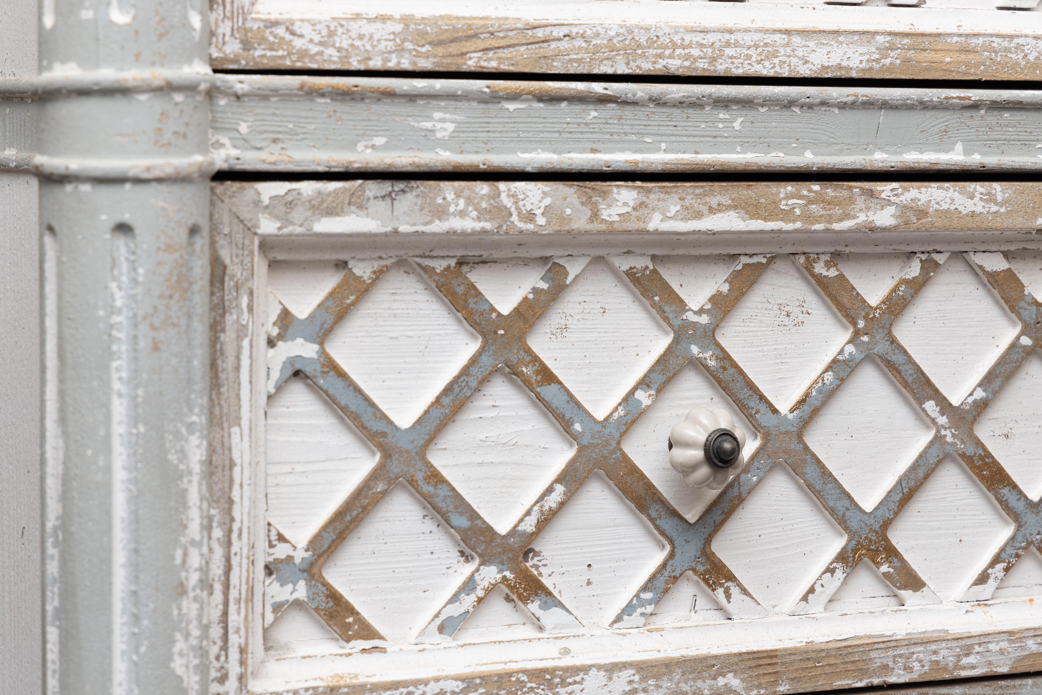 American Custom White Washed and Gray Parcel Gilt Chest of Drawers (2 Available) For Sale