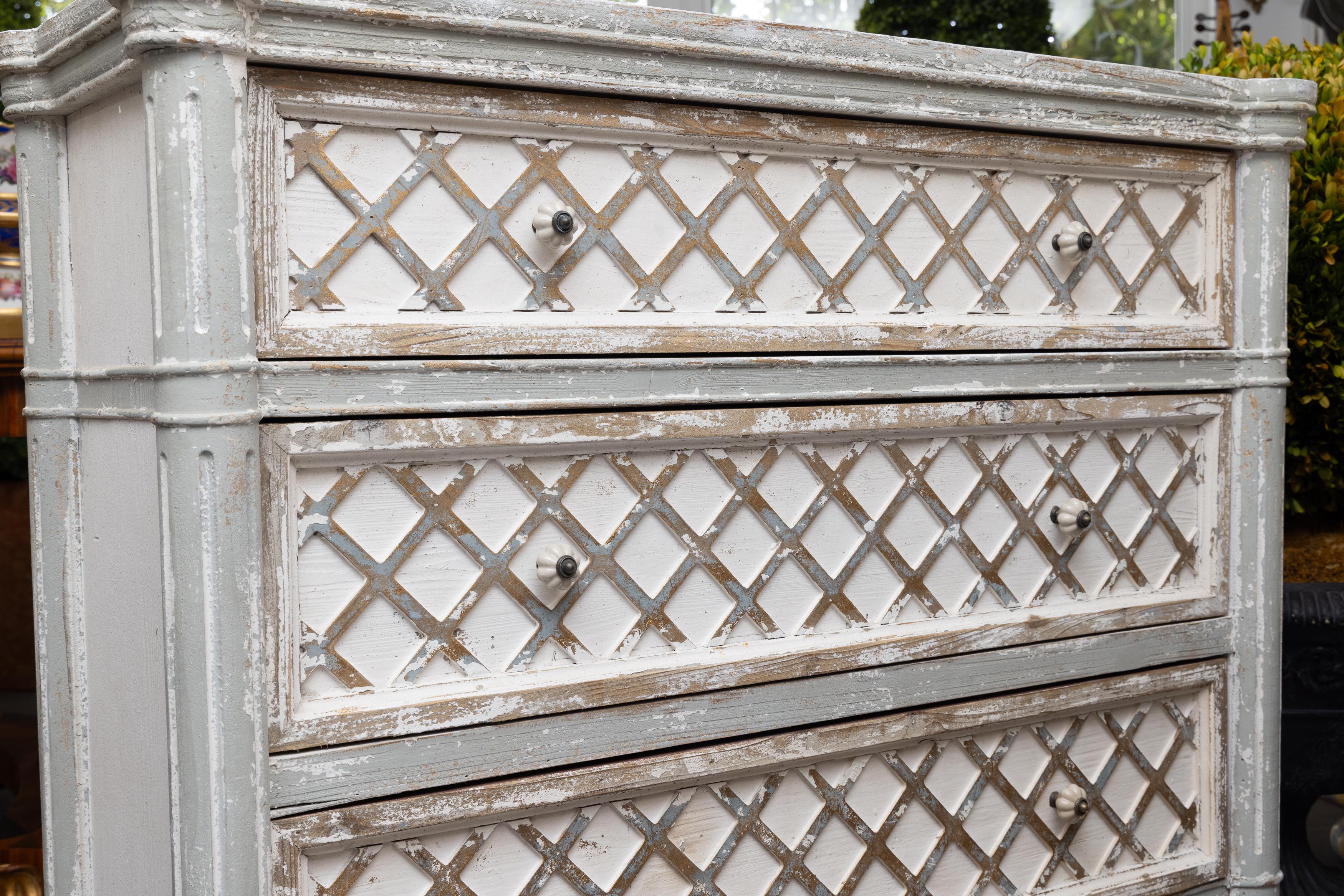 Painted Custom White Washed and Gray Parcel Gilt Chest of Drawers (2 Available) For Sale