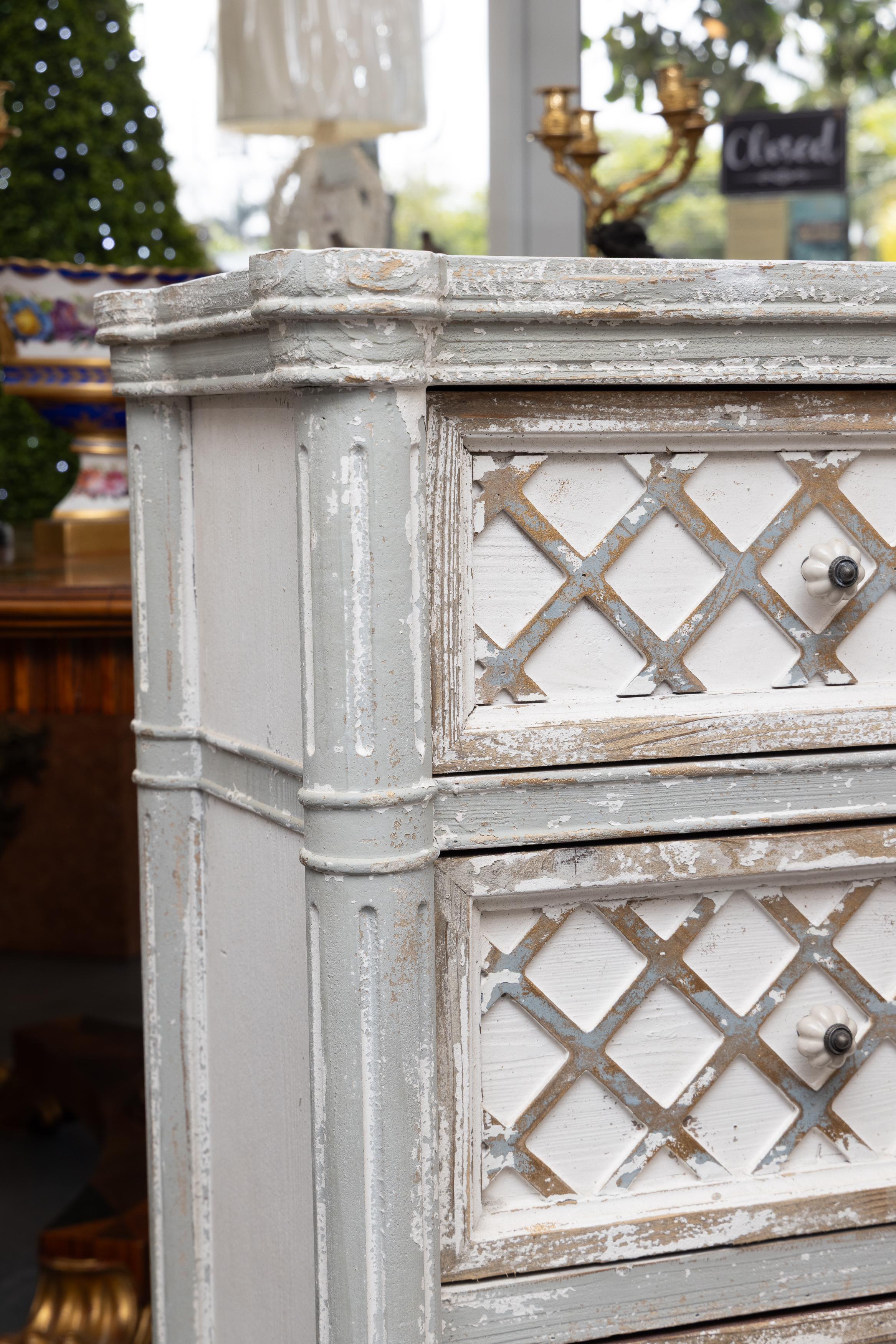 Contemporary Custom White Washed and Gray Parcel Gilt Chest of Drawers (2 Available) For Sale