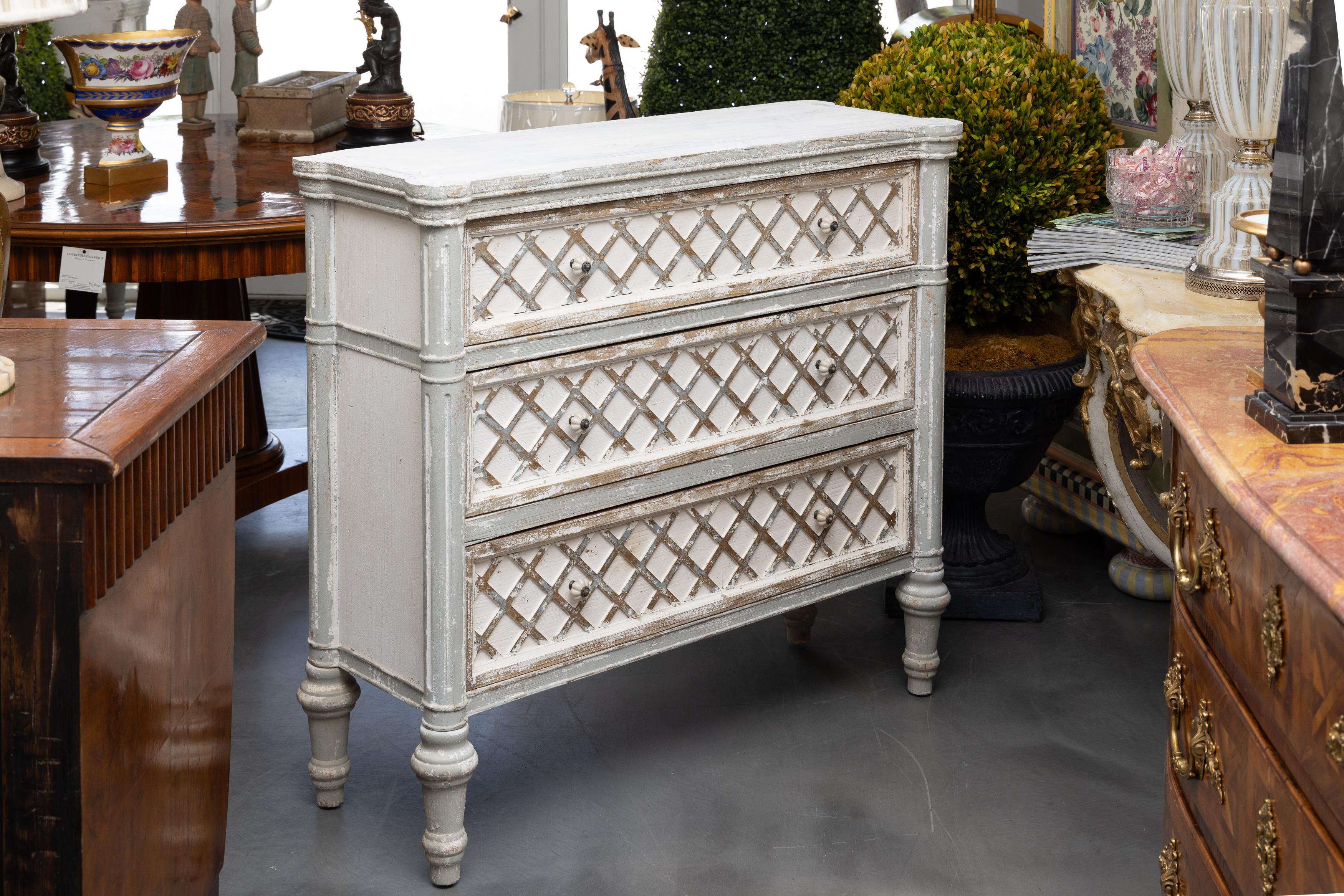 Wood Custom White Washed and Gray Parcel Gilt Chest of Drawers (2 Available) For Sale