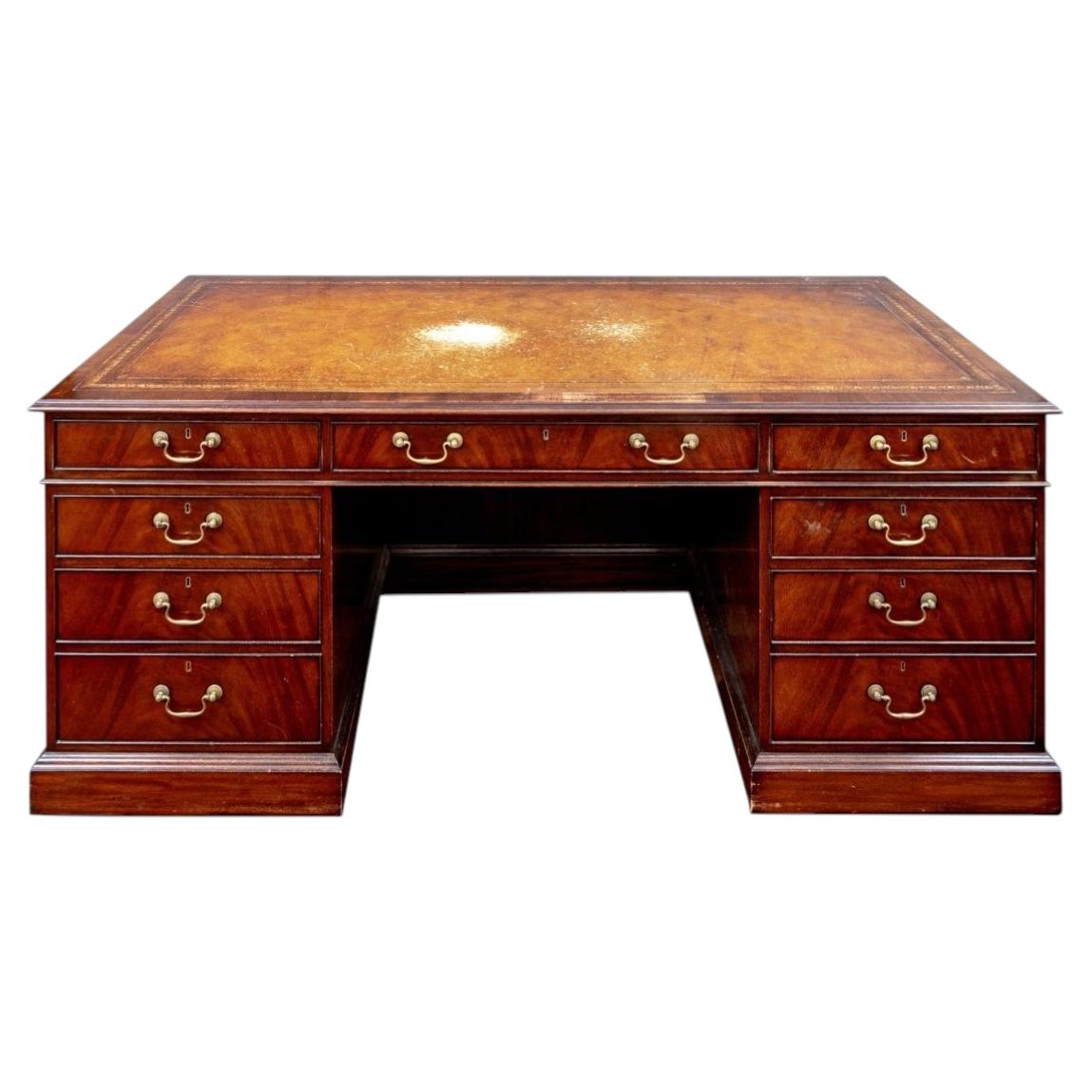 Custom Wood & Hogan Pedestal Desk In Georgian Style For Sale