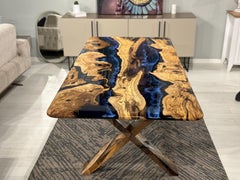 Table de salle à manger River Blue Epoxy - Table Epoxy Olive - Table en bois d'olivier