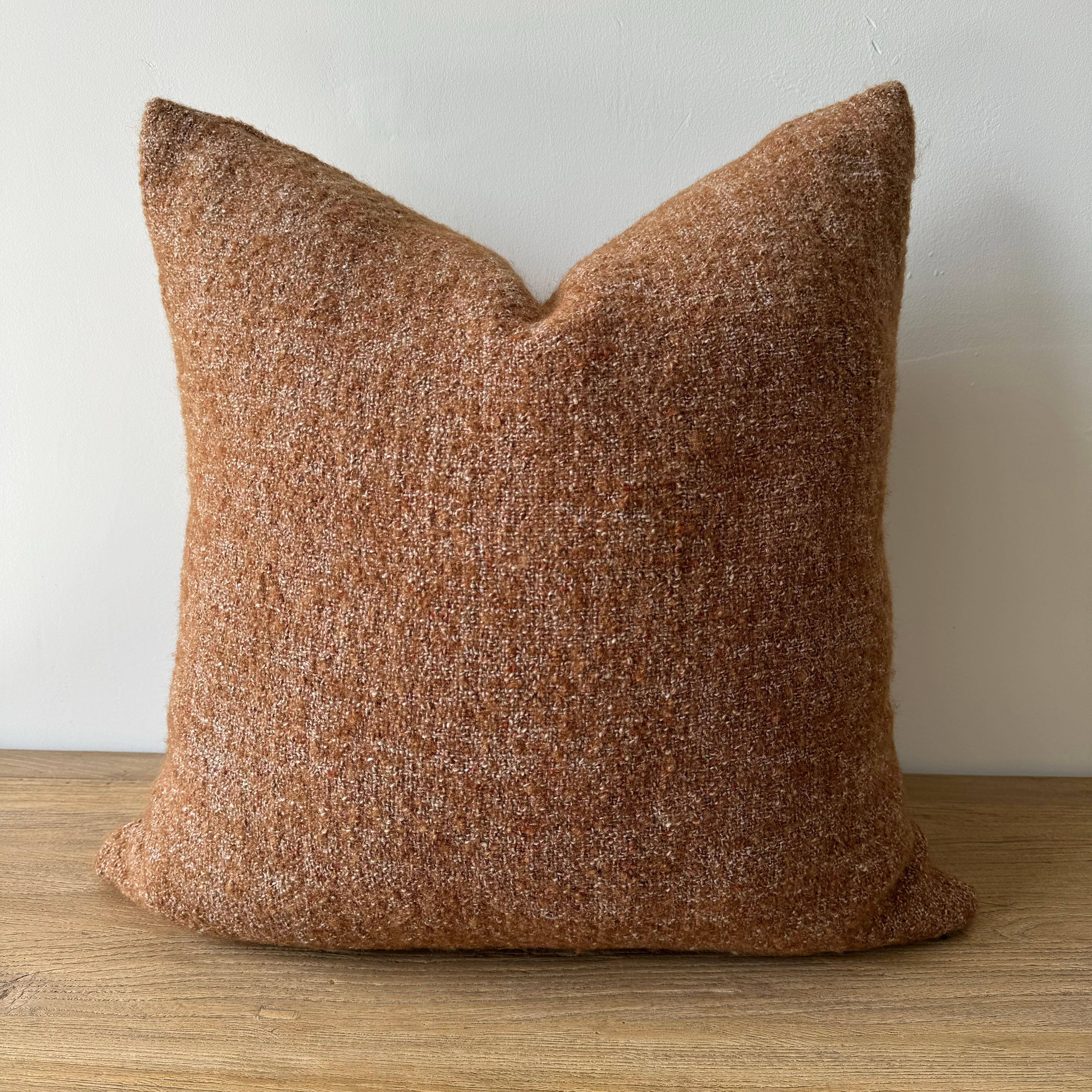 Organic Modern Custom Wool and Linen Pillow with Insert Rusty Brown 22x22 For Sale