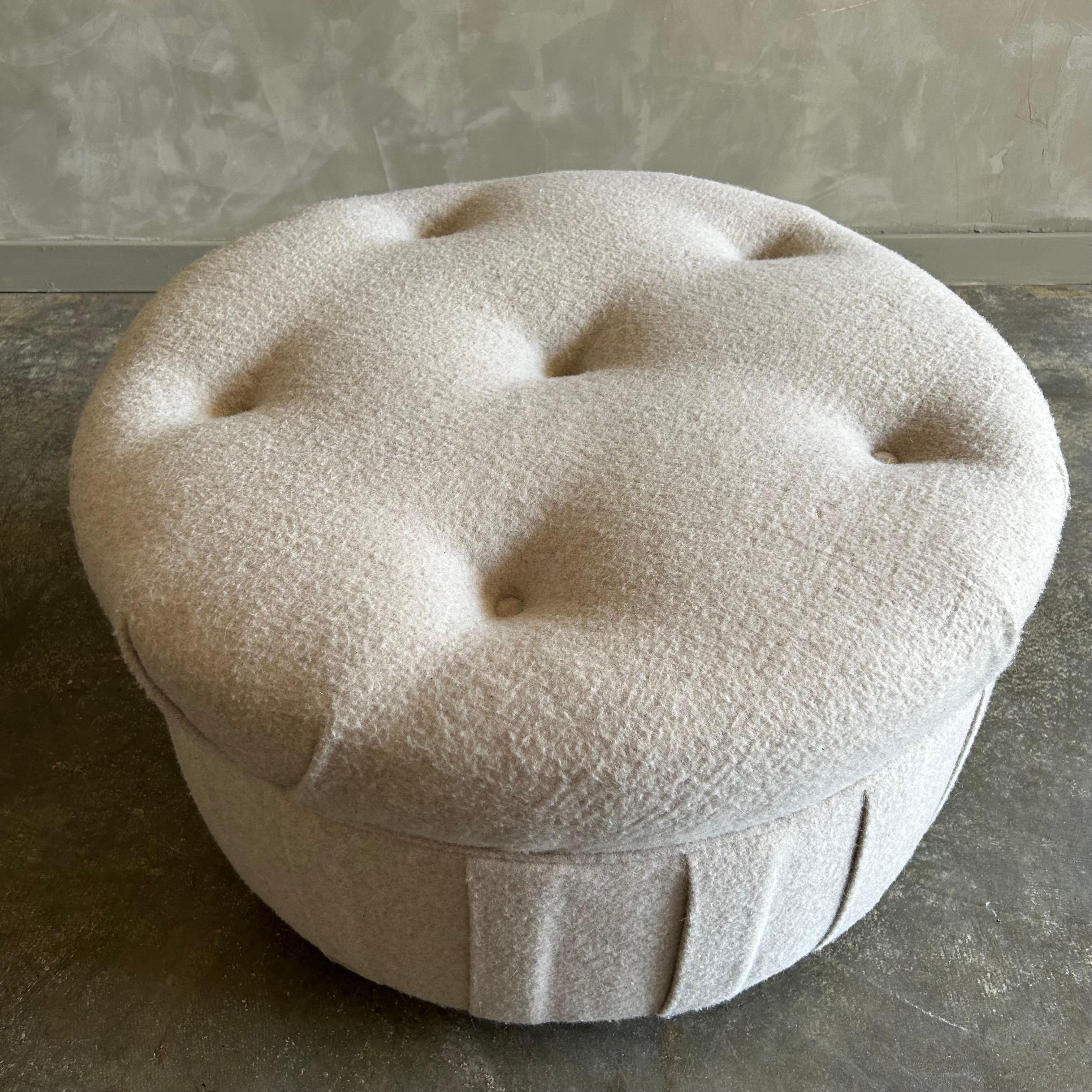 Custom Wool Round Button Tufted Ottoman with Rolling Wheels  For Sale 5