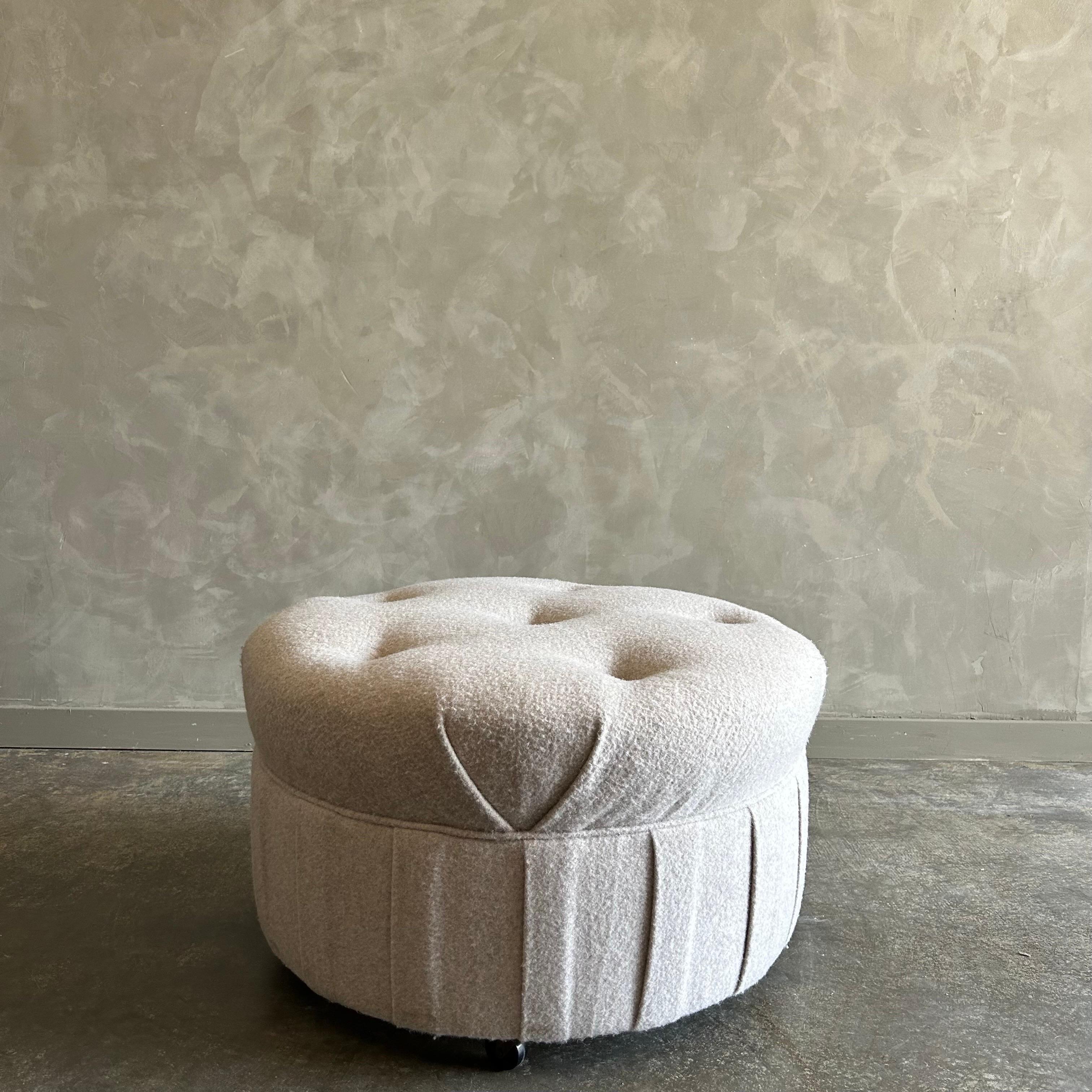 Custom Wool Round Button Tufted Ottoman with Rolling Wheels  For Sale 6