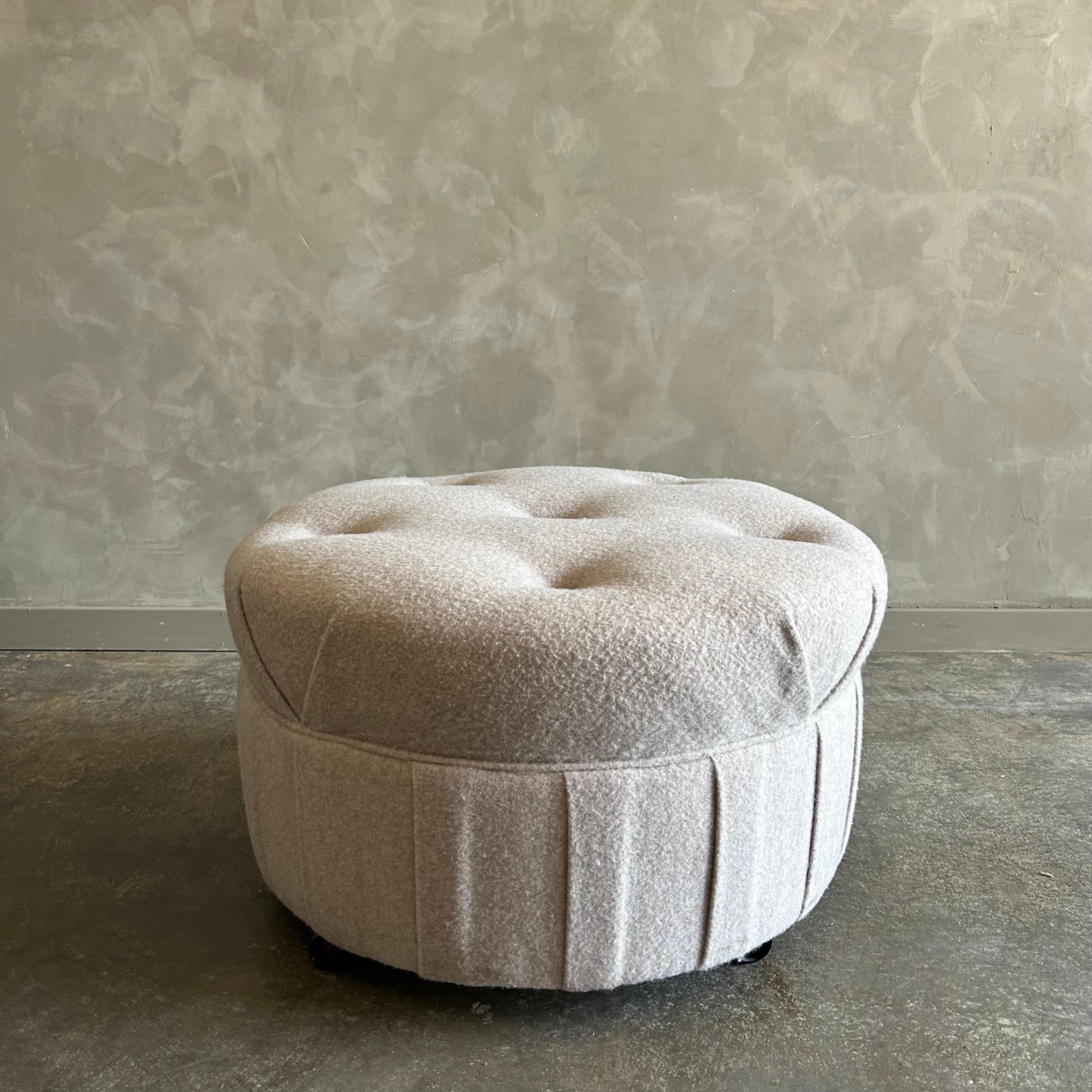 Contemporary Custom Wool Round Button Tufted Ottoman with Rolling Wheels  For Sale