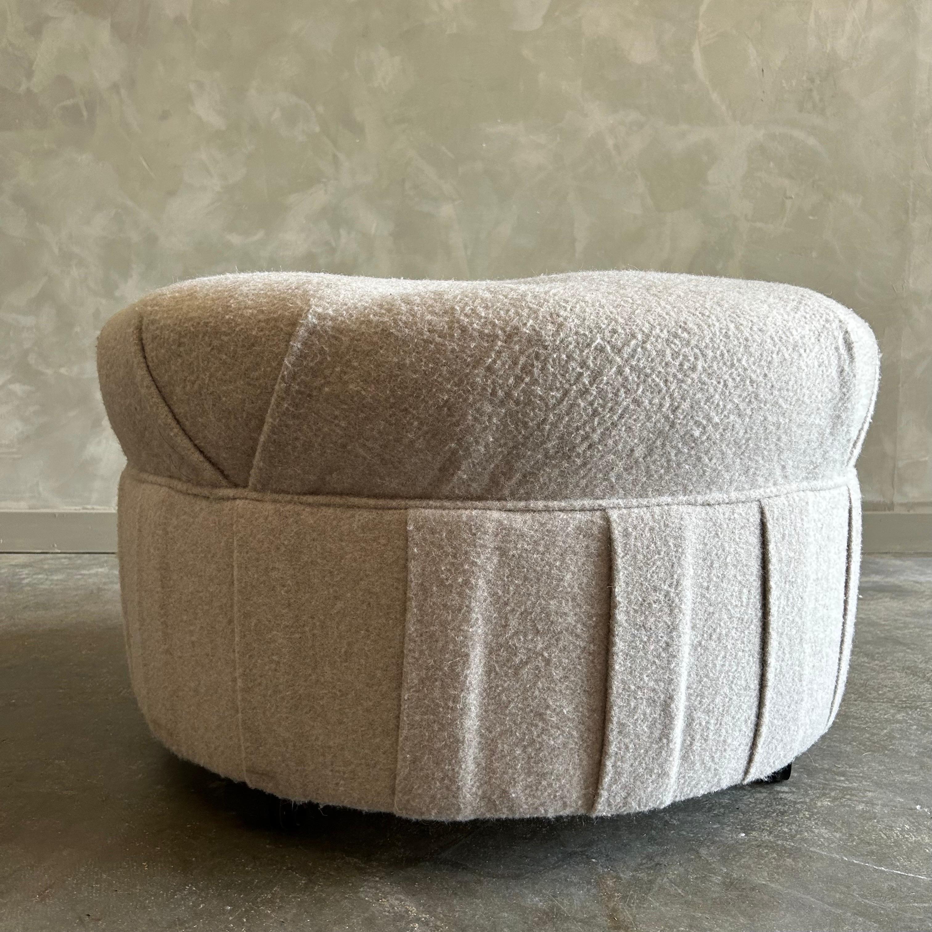 Custom Wool Round Button Tufted Ottoman with Rolling Wheels For Sale 4