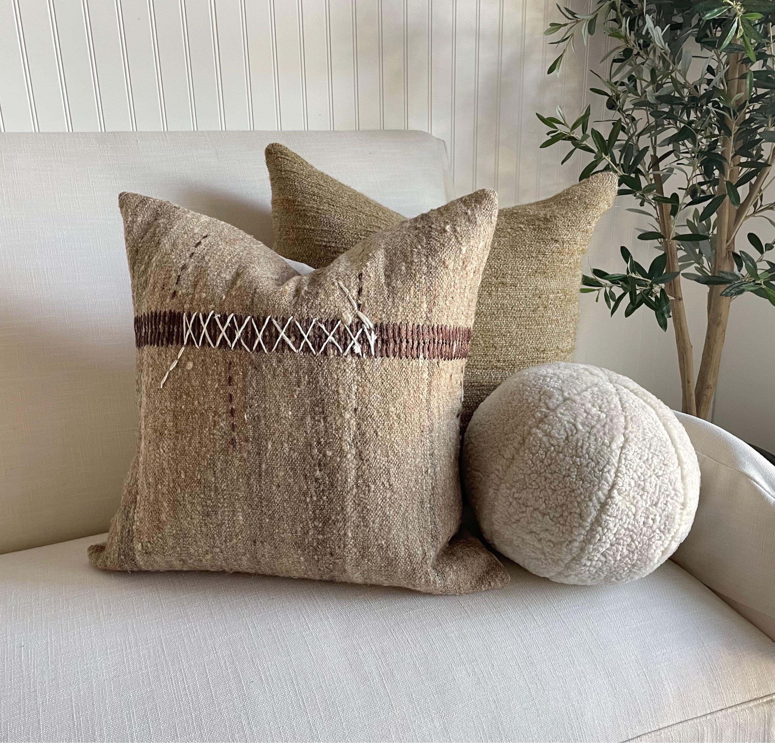 Custom Wool & Silk Blend Down Lumbar Pillow in Neutral Brown In New Condition In Brea, CA