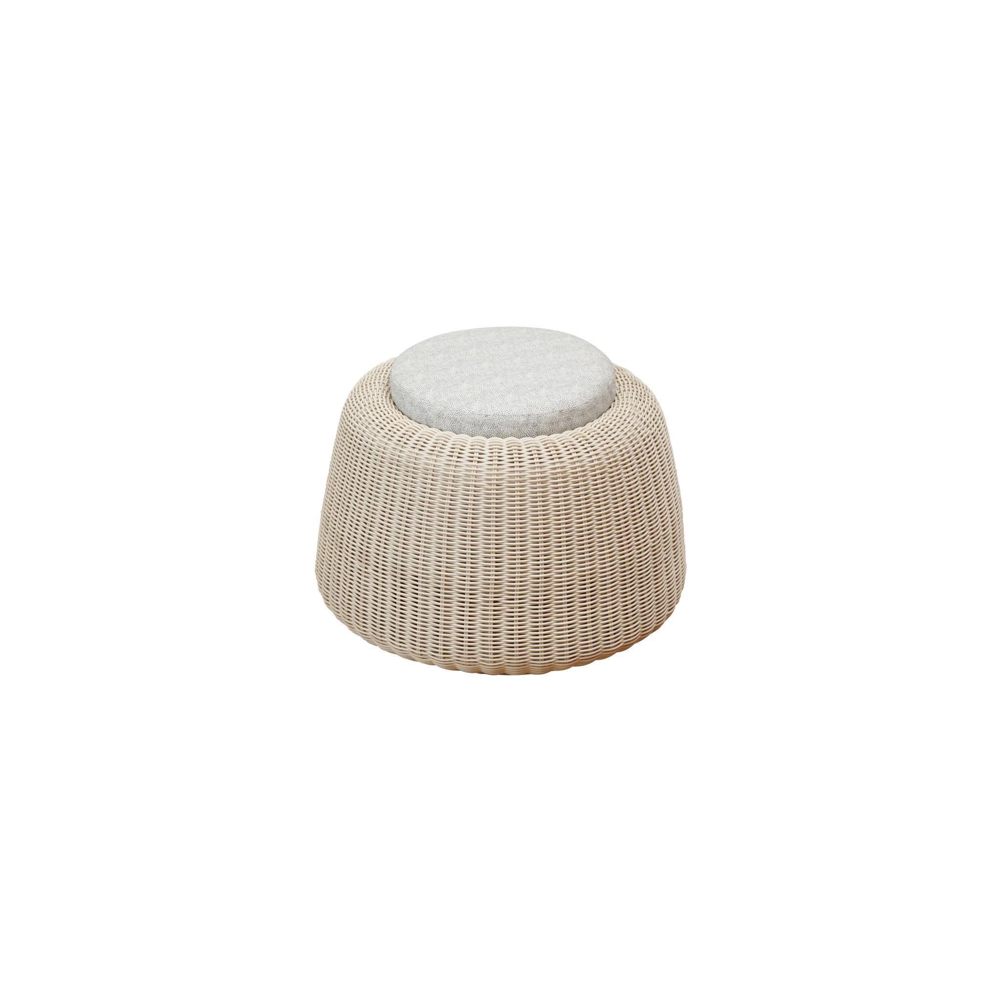 Woven dual-function stool/side table that complements the Esperanza Lounge Chair. Top available in either a cushion or a teak insert. Woven finishes available in black, natural and white.

Measurements:
diameter: 22