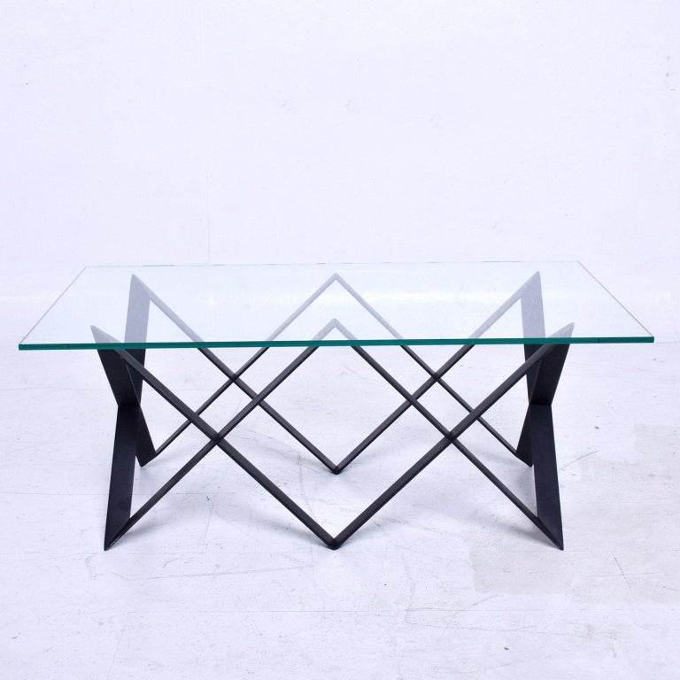 Mid 20th Century Custom X Base Coffee Table Black Zig Zag Iron For Sale