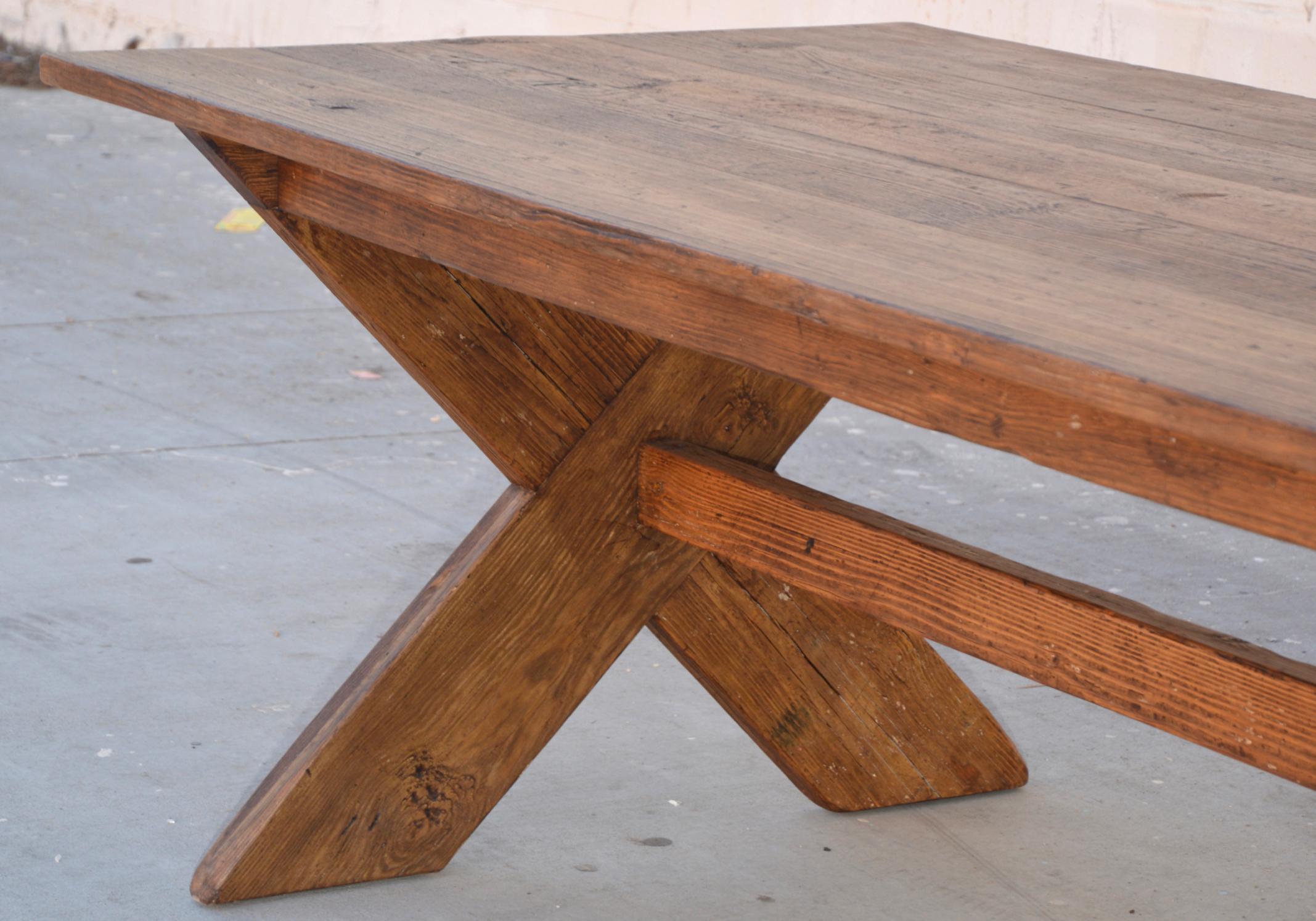 Custom X-Trestle Table in Reclaimed Heart Pine For Sale 2
