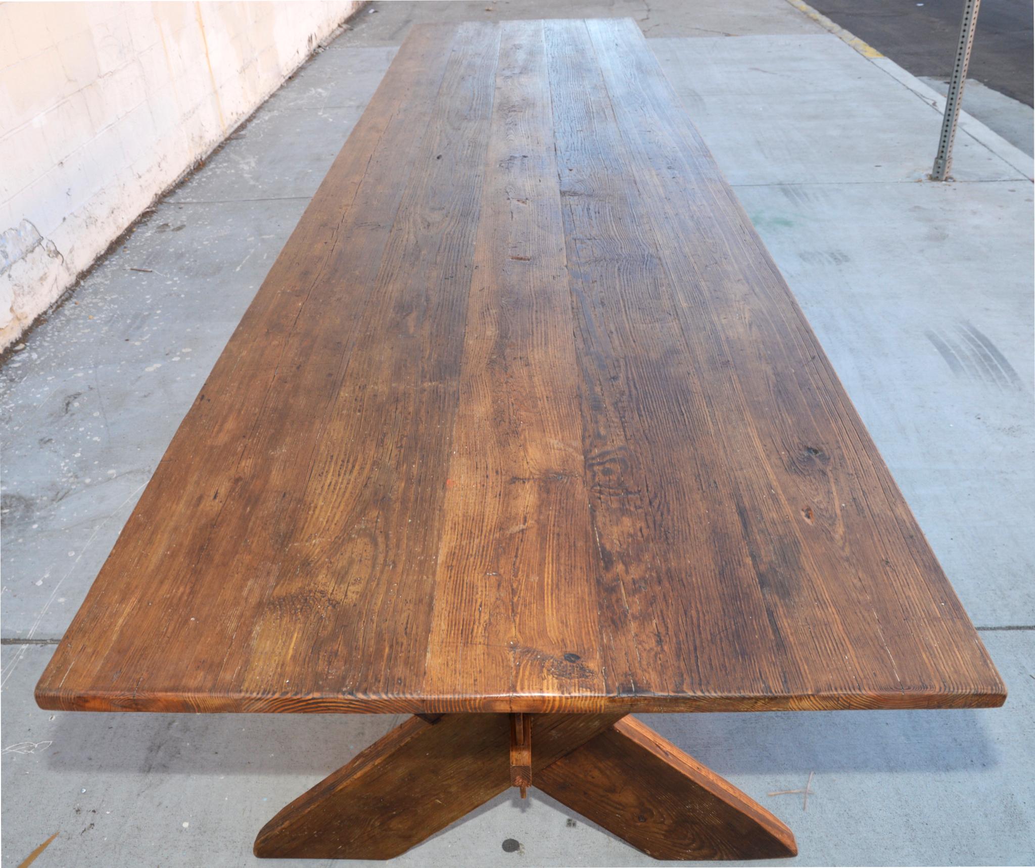 American Custom X-Trestle Table in Reclaimed Heart Pine For Sale
