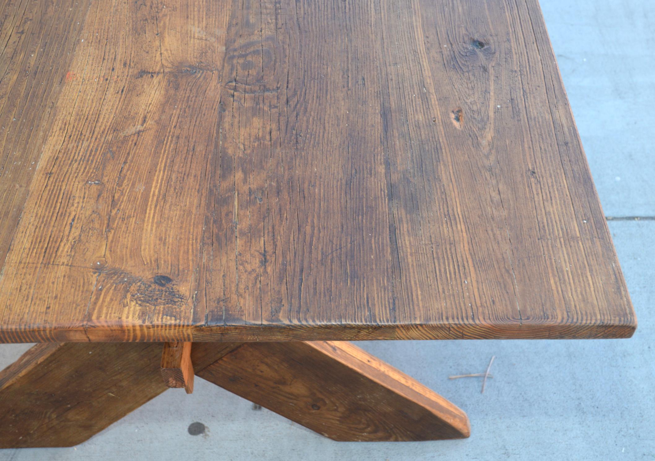 Hand-Crafted Custom X-Trestle Table in Reclaimed Heart Pine For Sale