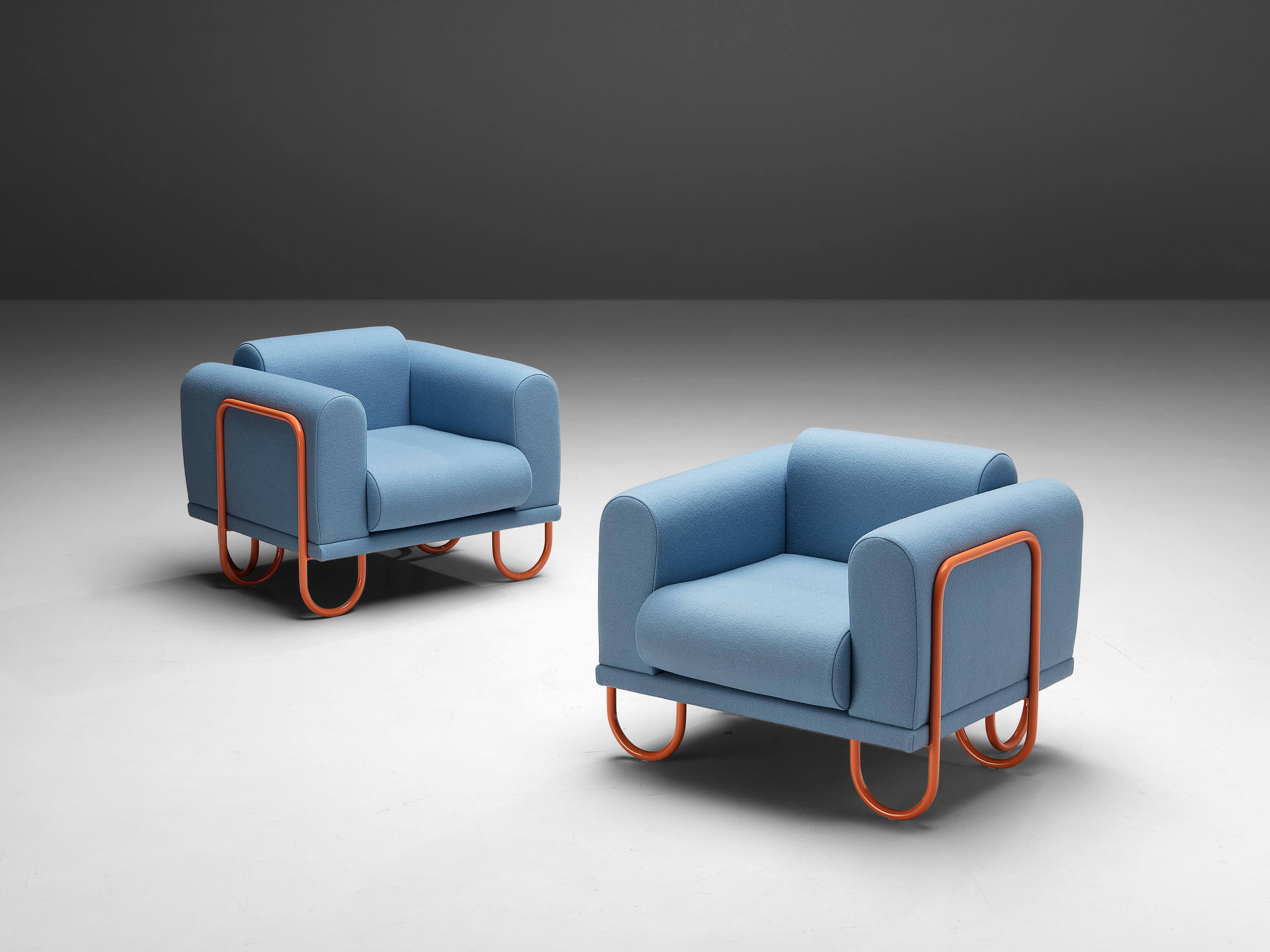 Byron Botker for Landes, lounge chairs, blue fabric, chrome-plated steel, United States, 1970s

A comfortable easy chair that features a curved, orange tubular frame. The frame appears to be an ongoing curved line, moving upwards to support the