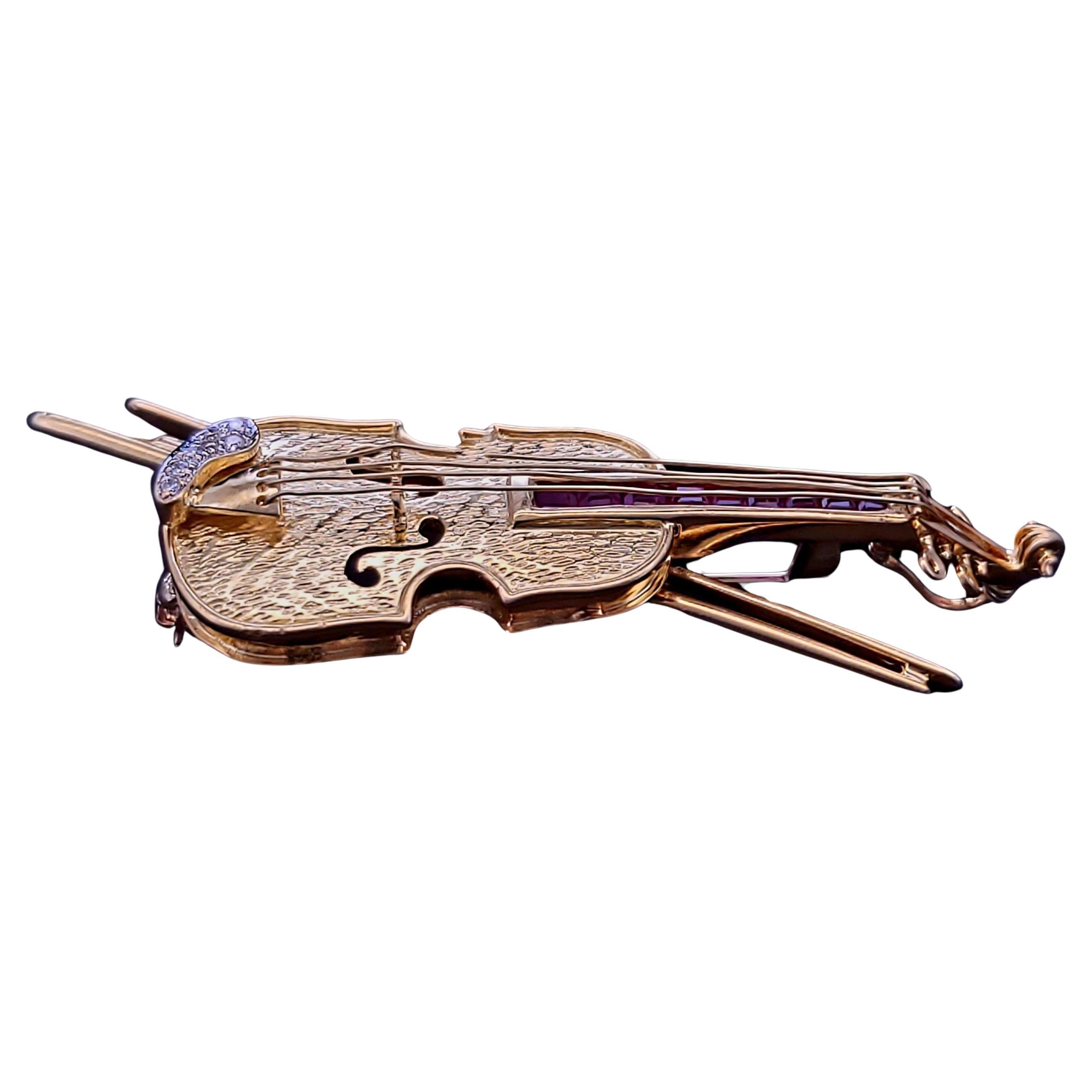 CUSTOM MADE Vintage 18K Gelbgold Violine Brosche mit Rubin & Diamanten
