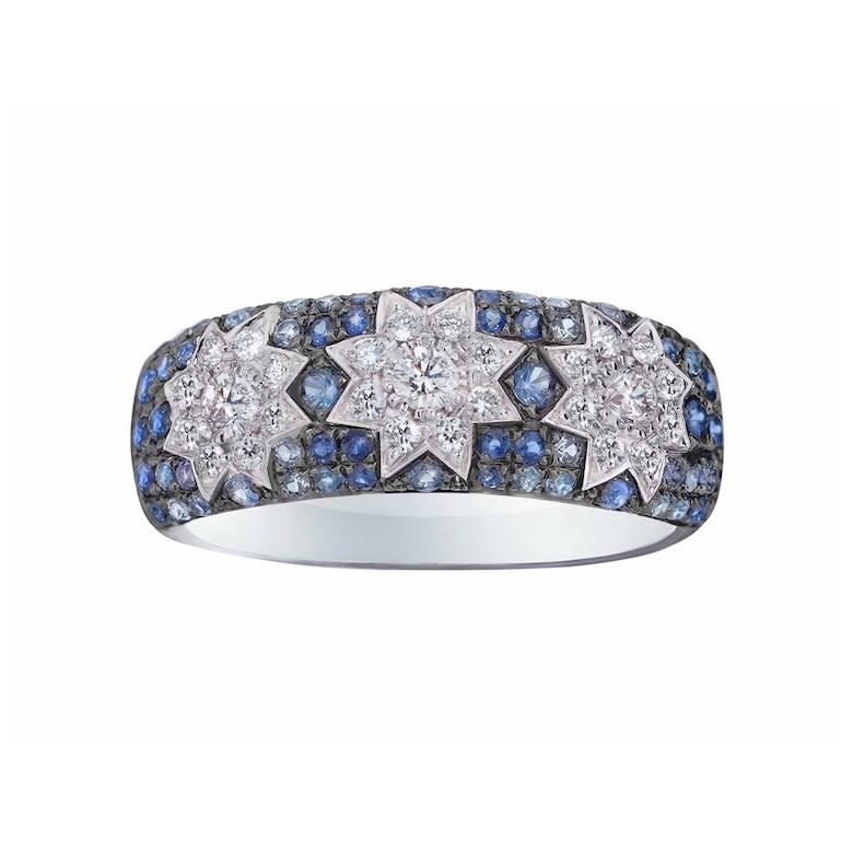 Round Cut Customisable Natkina Star Sapphire / Tsavorite / Black Diamond White Gold Ring For Sale