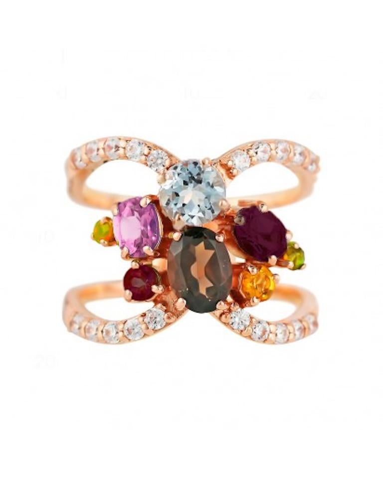 Customisable Precious Garnet Peridot Topaz Quartz Gold Three-Stone Ring For Sale