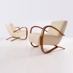 Customised Halabala Armchairs, Leather Upholstery and Clear Glossy Wood Finish