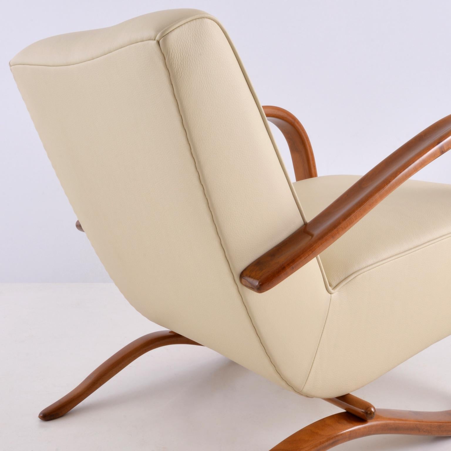 Czech Customised Halabala Armchairs, Leather Upholstery and Clear Glossy Wood Finish For Sale