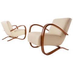 Customised Halabala Armchairs, Leather Upholstery and Clear Glossy Wood Finish