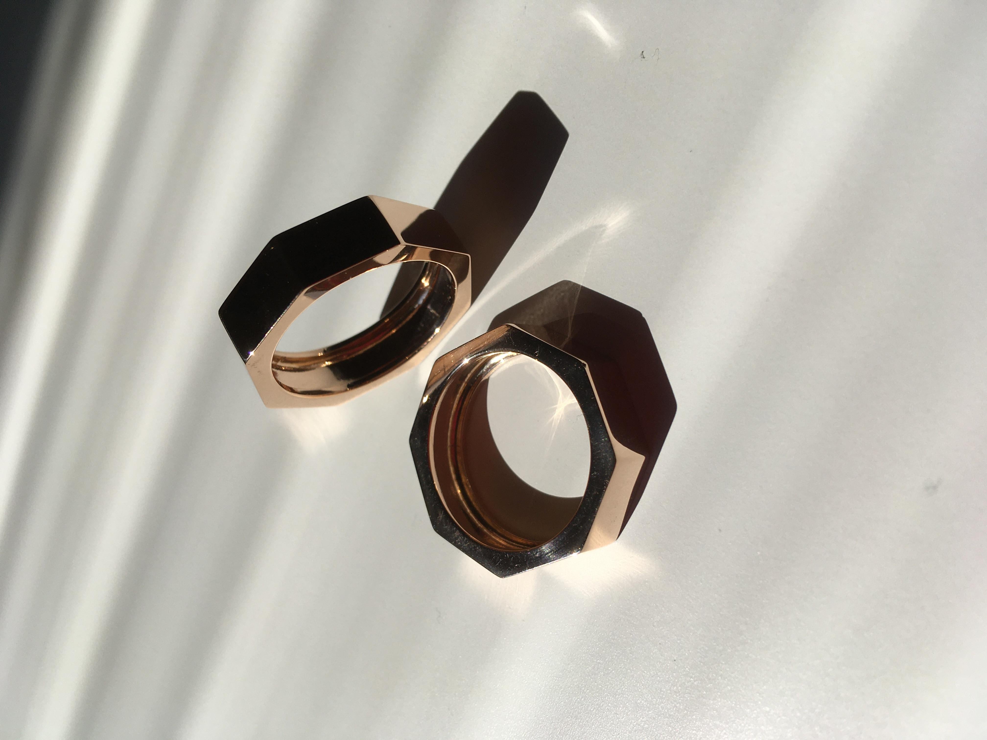 Customizable 14 Karats Yellow Gold Satin Octagon Unisex Deco Style Modern Ring For Sale 3