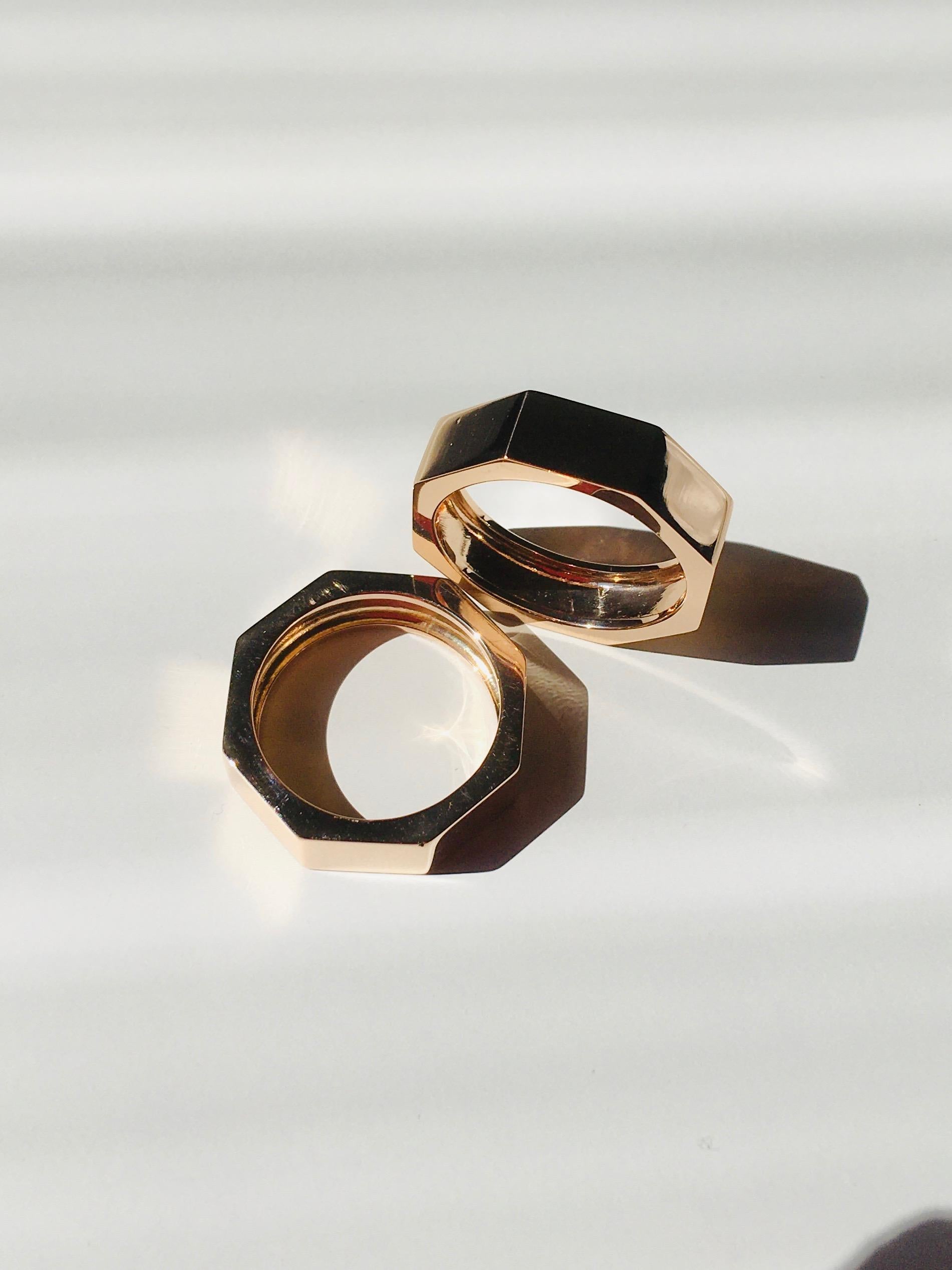 Customizable 14 Karats Yellow Gold Satin Octagon Unisex Deco Style Modern Ring For Sale 7