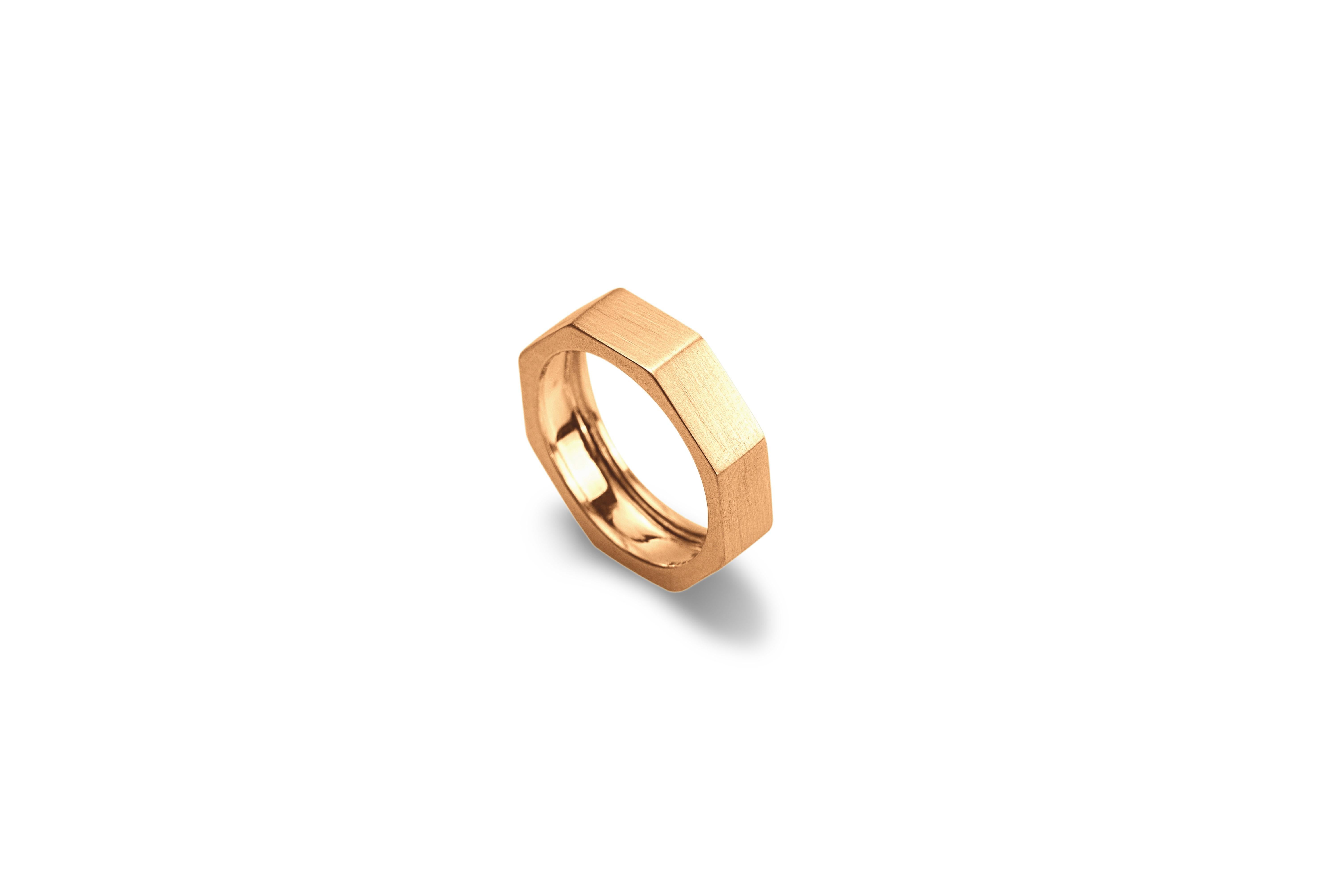 Customizable 14 Karats Yellow Gold Satin Octagon Unisex Deco Style Modern Ring 
This beautiful satin ring is finely handcrafted in yellow gold by expert artisan and slightly hammered to adapt better to the octagonal shape and fit a modern design.