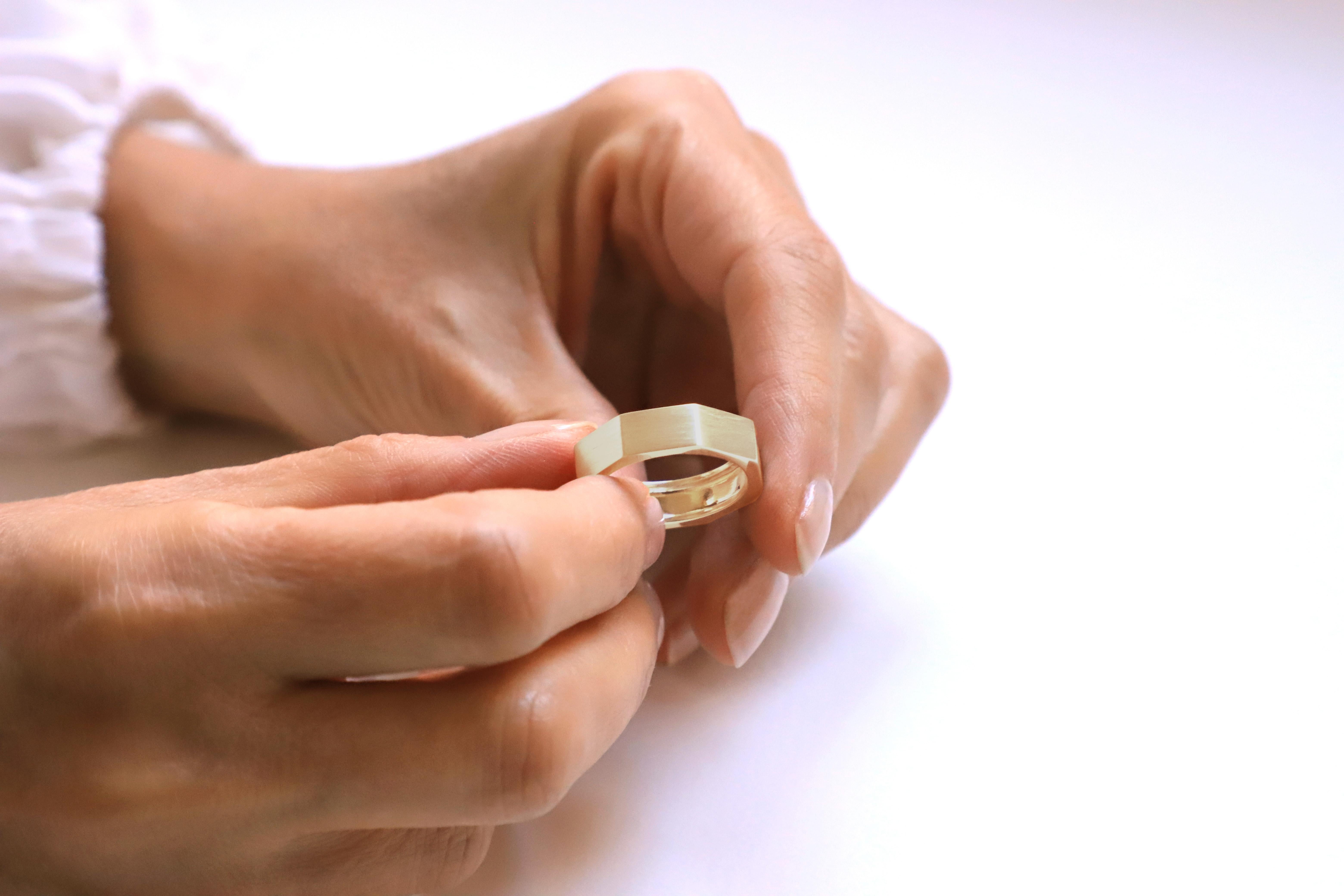 Artisan Customizable 14 Karats Yellow Gold Satin Octagon Unisex Deco Style Modern Ring For Sale