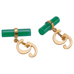 Gemelos personalizables con letra de ágata verde en oro amarillo de 18 quilates