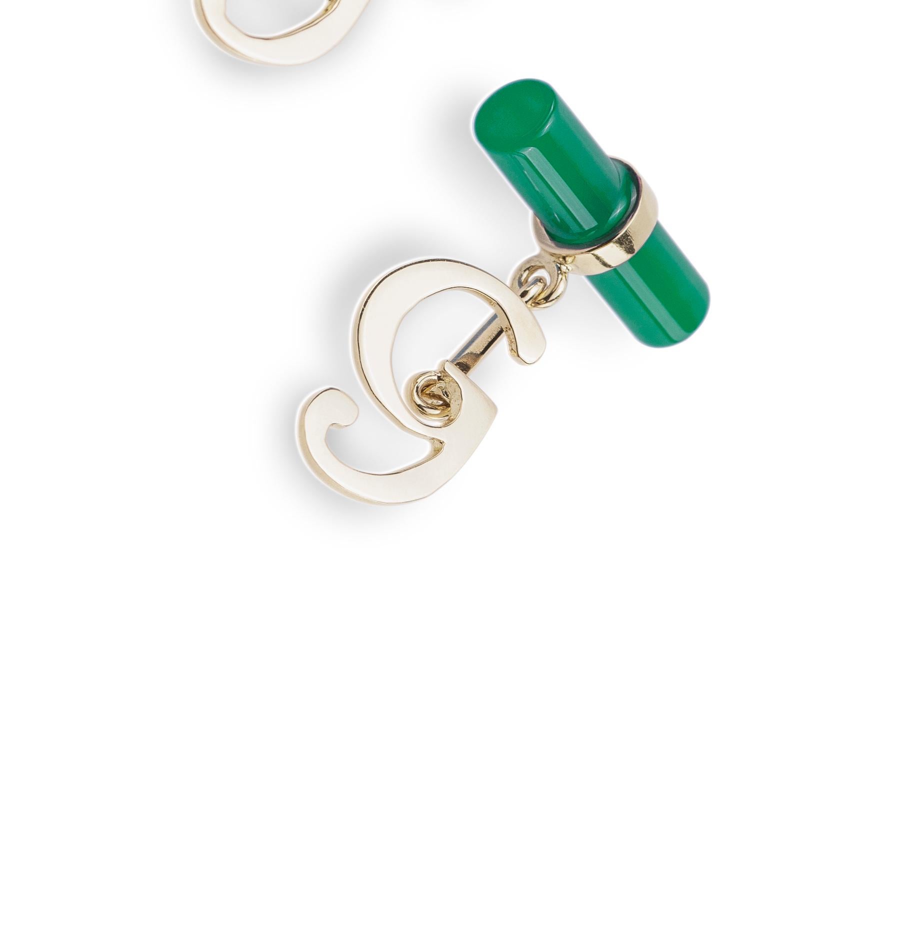 Taille mixte Boutons de manchette unisexe personnalisables en or blanc 18 carats avec lettres en agate verte en vente