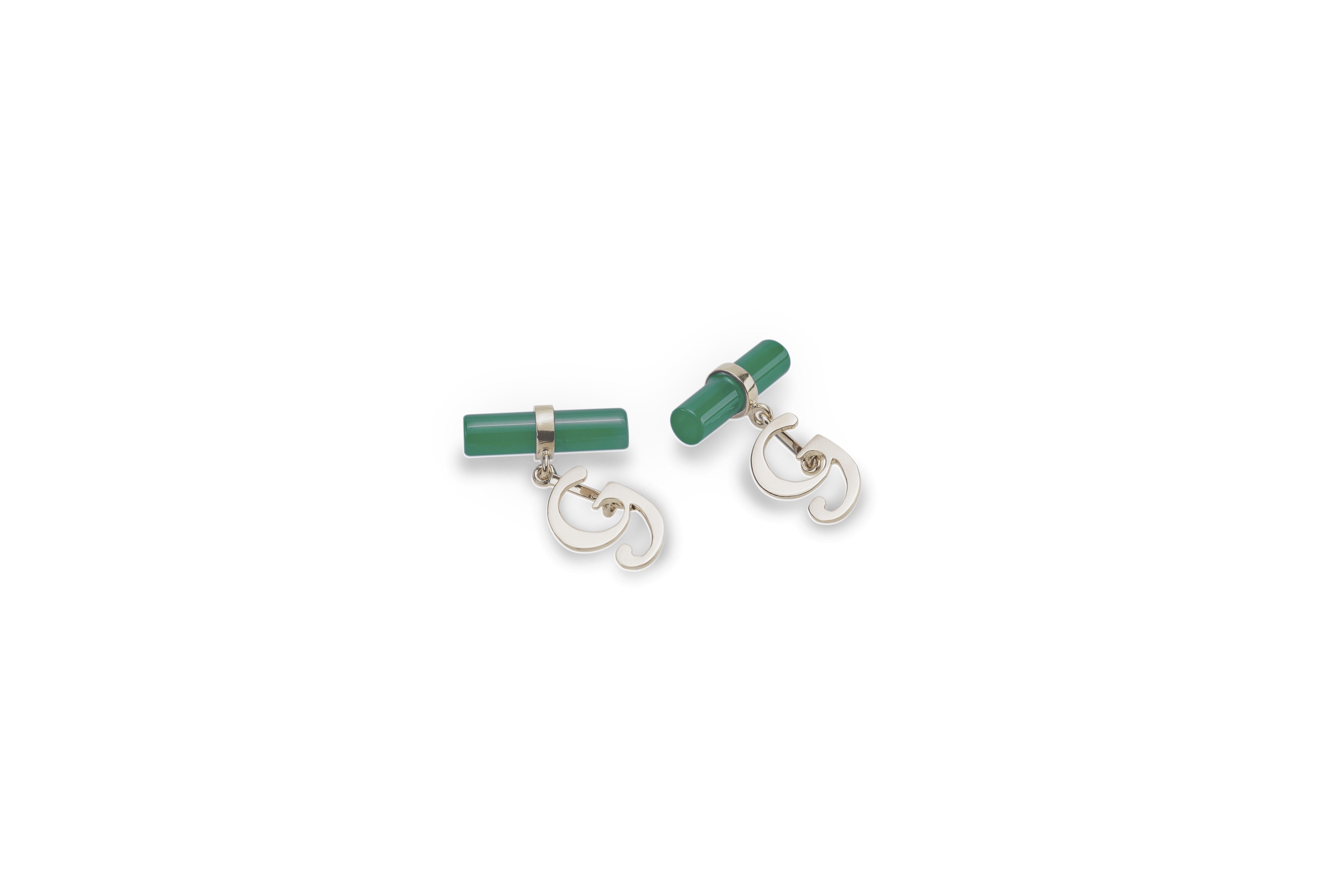 Customizable 18 Karats White Gold Green Agate Letter Unisex Cufflinks In New Condition For Sale In Rome, IT