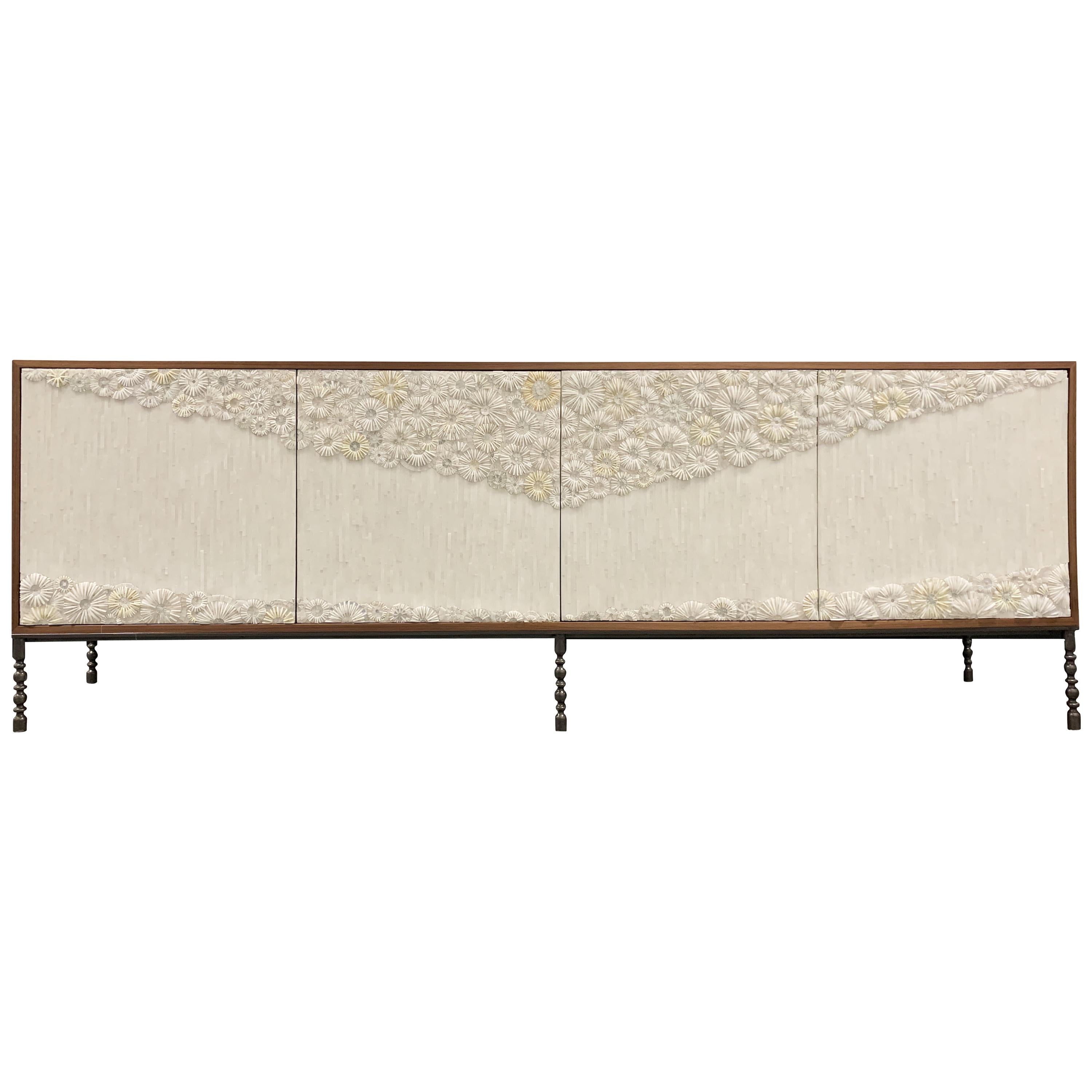 Modern 4-Door Walnut Buffet with Blossom Glass Mosaic by Ercole Home For Sale