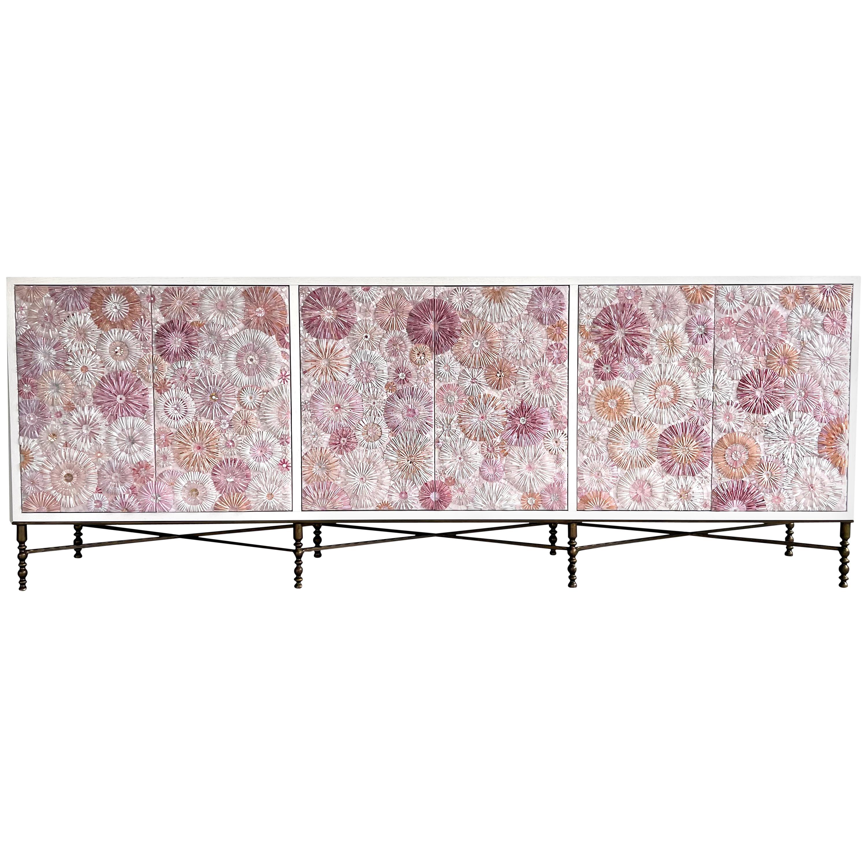 Modern 6-Door Pink Blossom Buffet with White Oak by Ercole Home