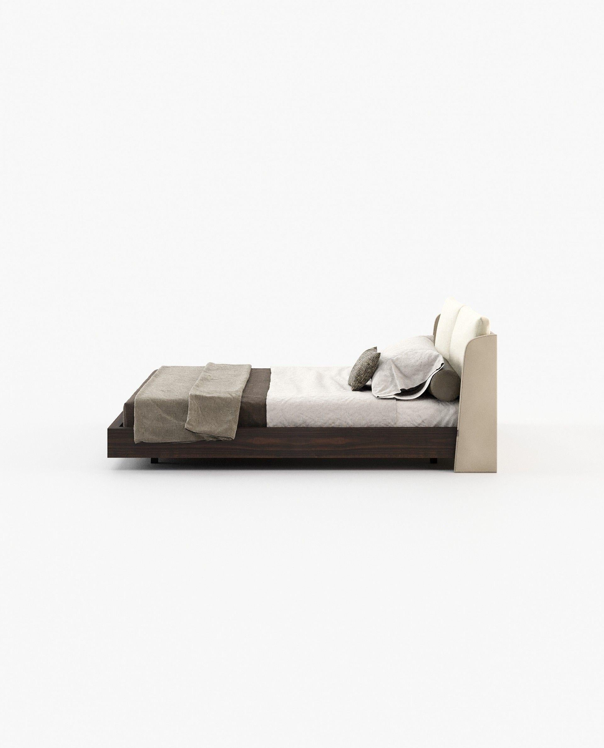 Portuguese Customizable American Queen Bed with Upholstered Headboard and Wooden Base For Sale