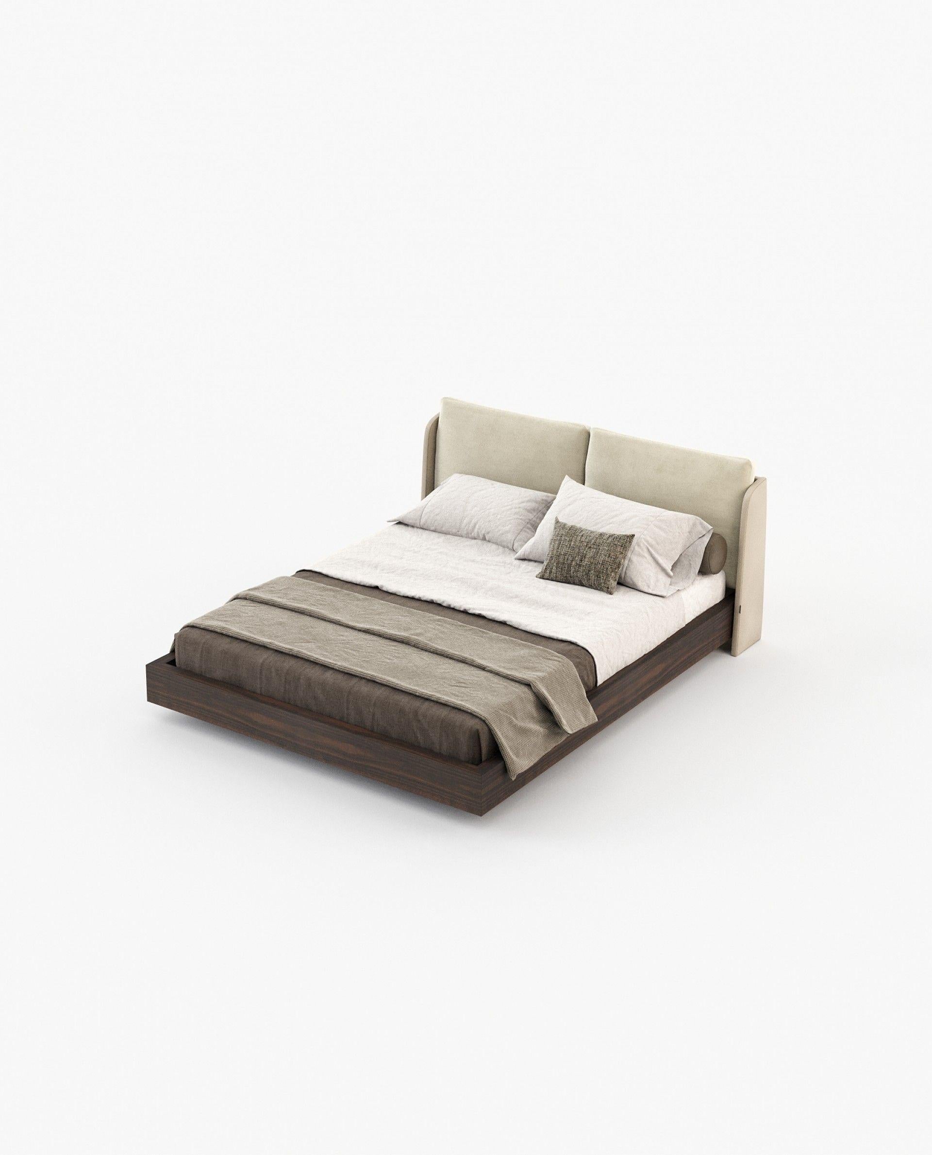 Hand-Crafted Customizable American Queen Bed with Upholstered Headboard and Wooden Base For Sale