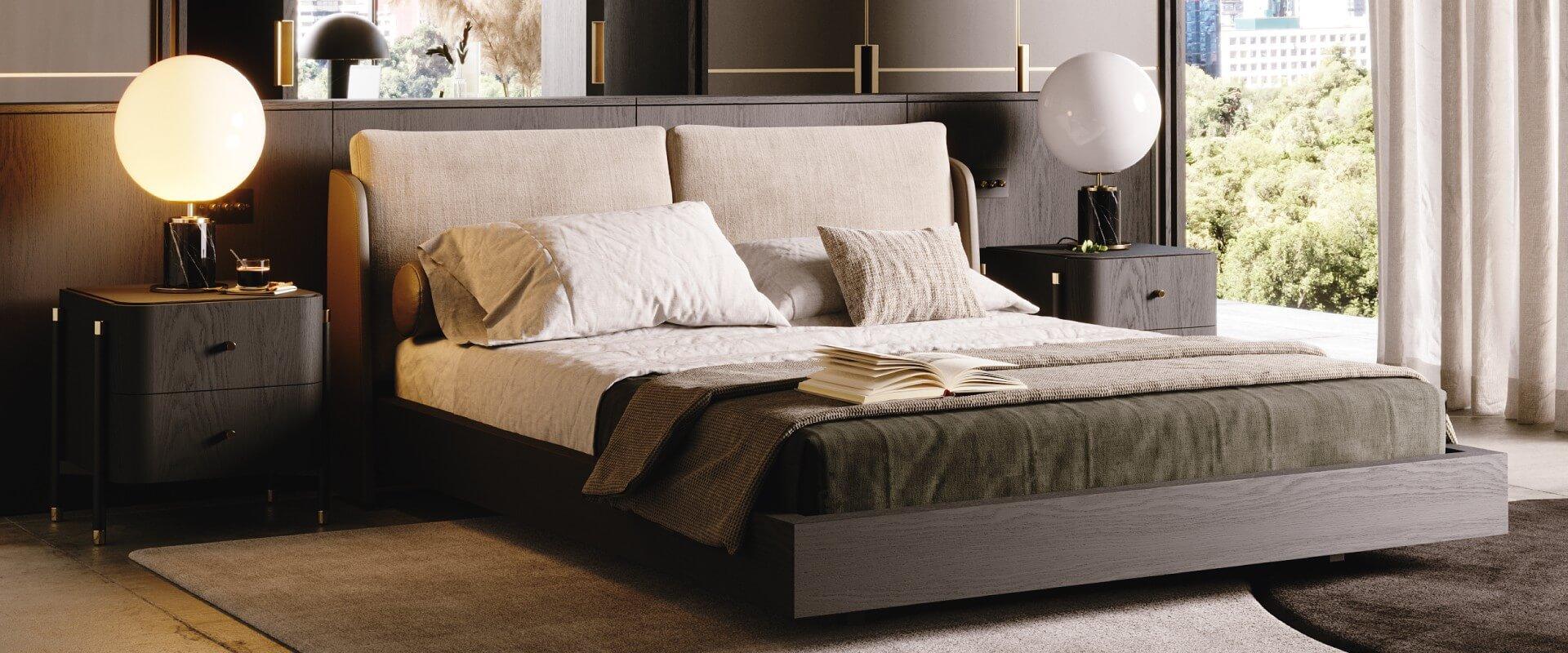 Customizable American Queen Bed with Upholstered Headboard and Wooden Base In New Condition For Sale In NEW YORK, NY