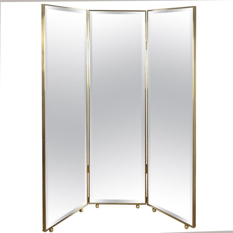 Customizable Art Deco Style Mirrored Three Panels Brass Frame Screen 13