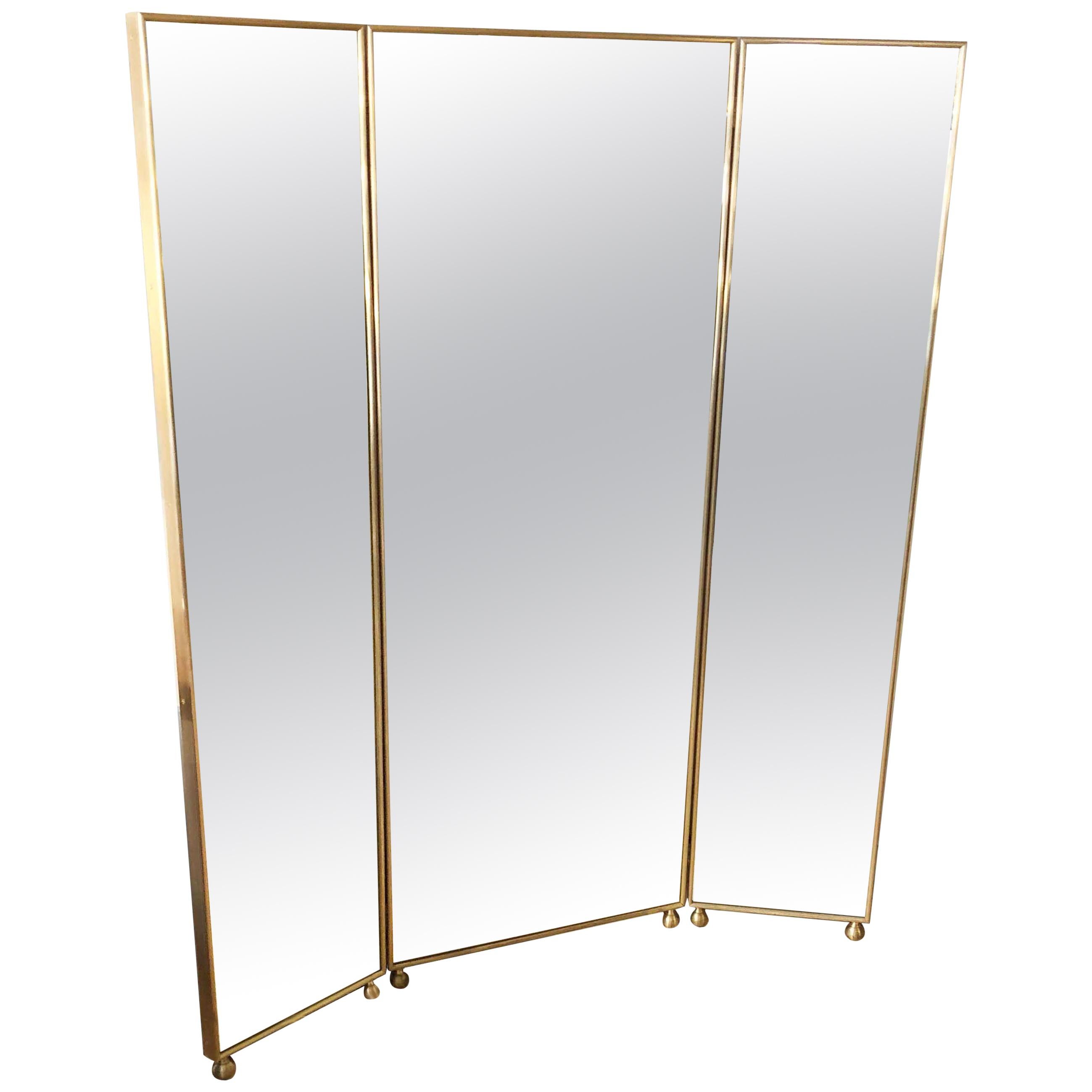 Bronzed Customizable Art Deco Style Mirrored Three Panels Brass Frame Screen