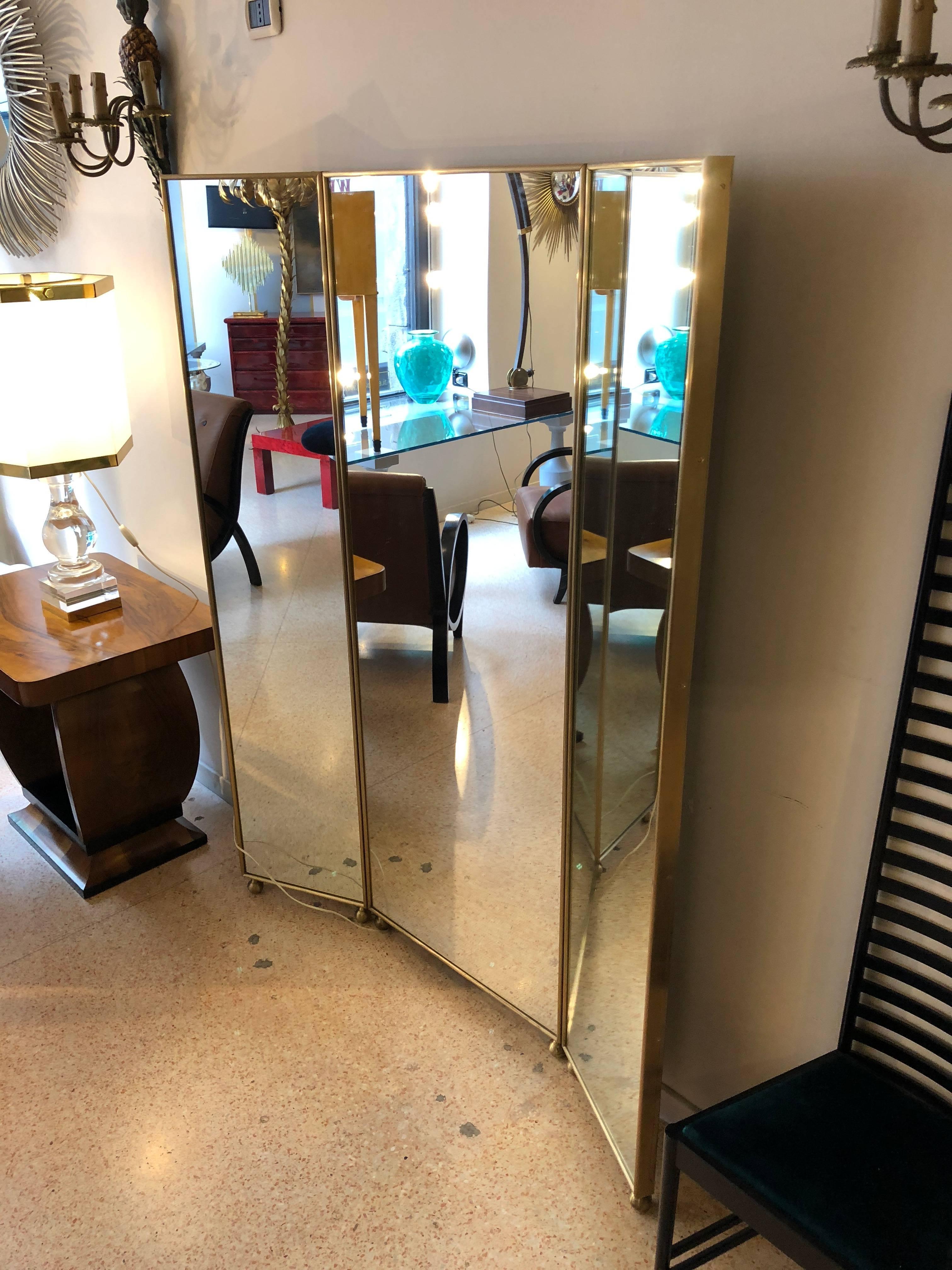 Ecran Art Deco Style Miroir Trois Panneaux Cadre Laiton Personnalisable en vente 1
