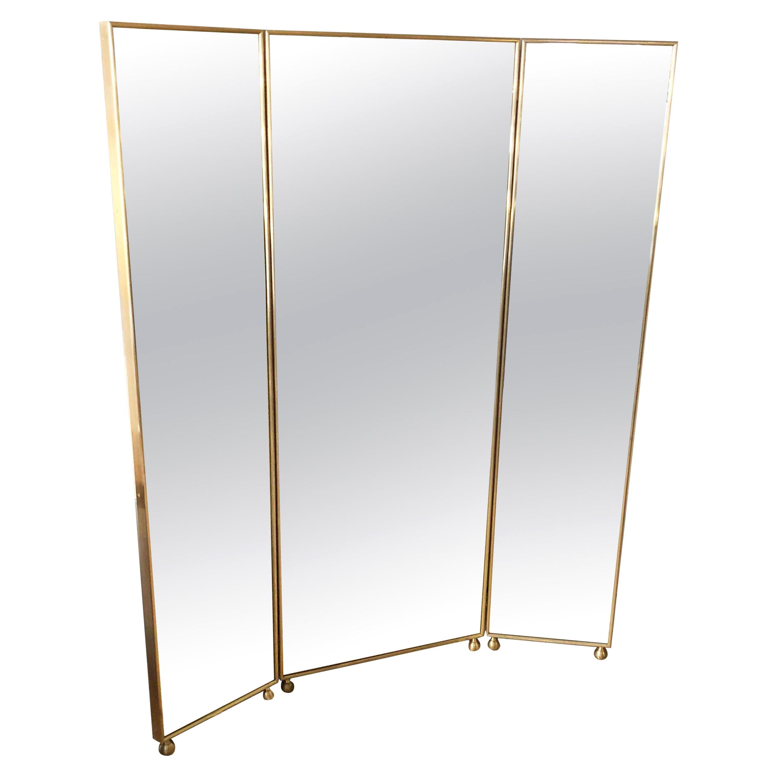 Customizable Art Deco Style Mirrored Three Panels Brass Frame Screen