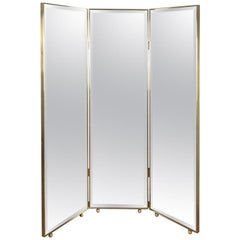 Vintage Customizable Art Deco Style Mirrored Three Panels Brass Frame Screen