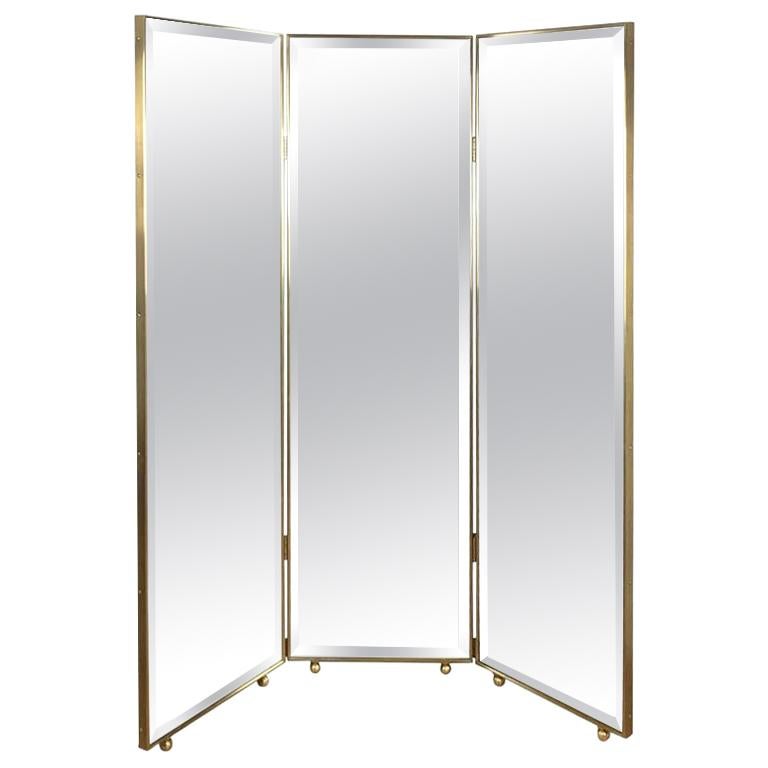 Customizable Art Deco Style Mirrored Three Panels Brass Frame Screen