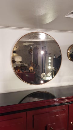 Customizable Art Deco Style Rounded Brass Frame Distressed Effect Mirror