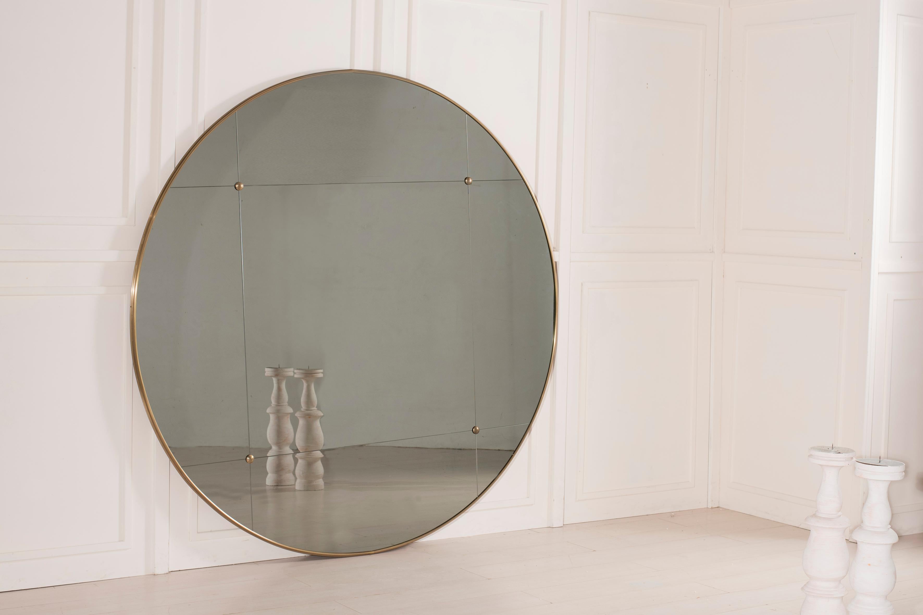 Italian Customizable Art Deco Style Rounded Brass Frame Window Pane Look Mirror