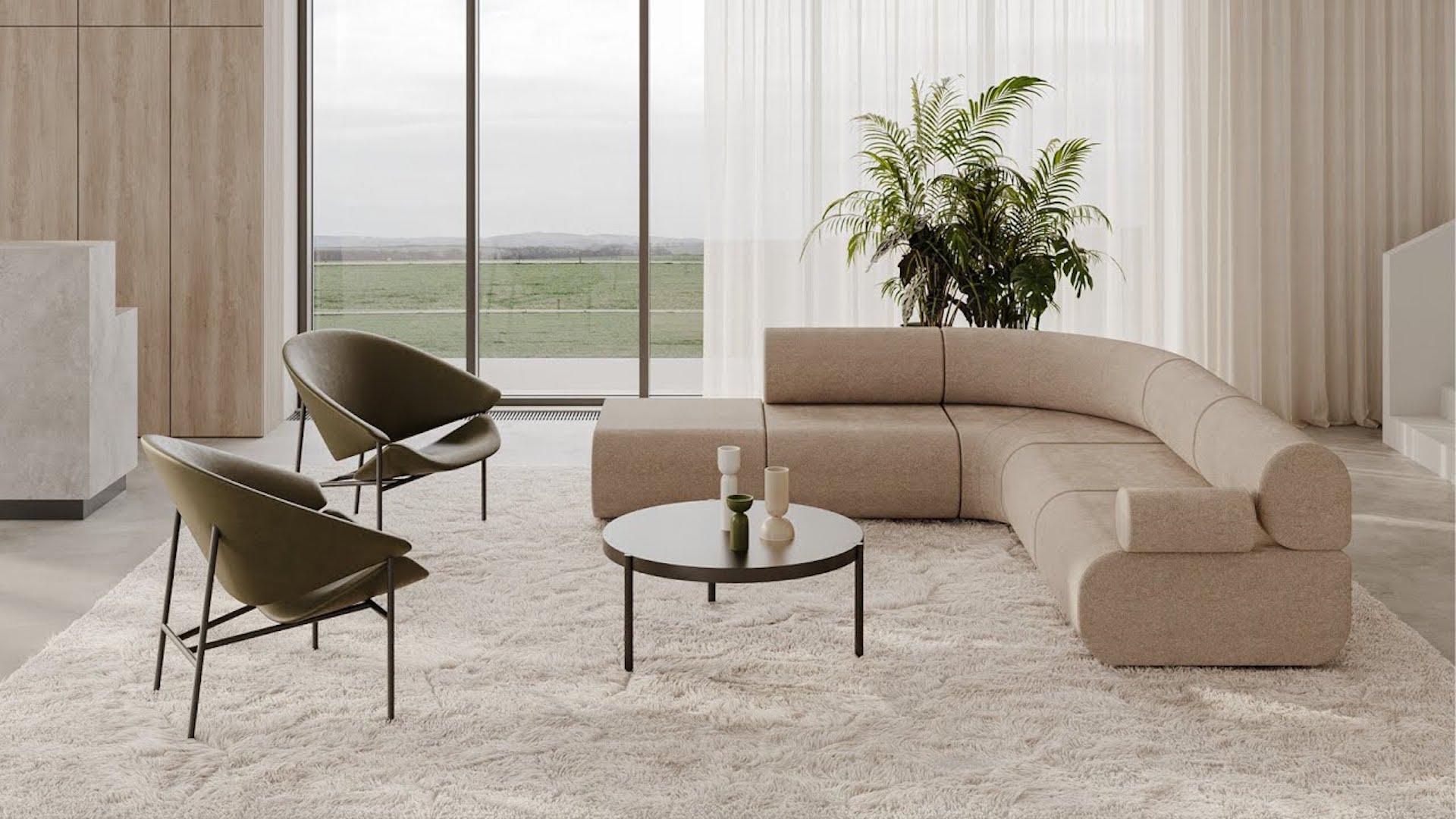 Track ist ein modulares Sofakonzept mit einem ikonischen und skulpturalen Ansatz. Die schwebenden felsenähnlichen Formationen bilden eine komfortable Landschaft aus kleinen Sitzinseln, die in jedem Interieur zum Mittelpunkt werden. Eine solide